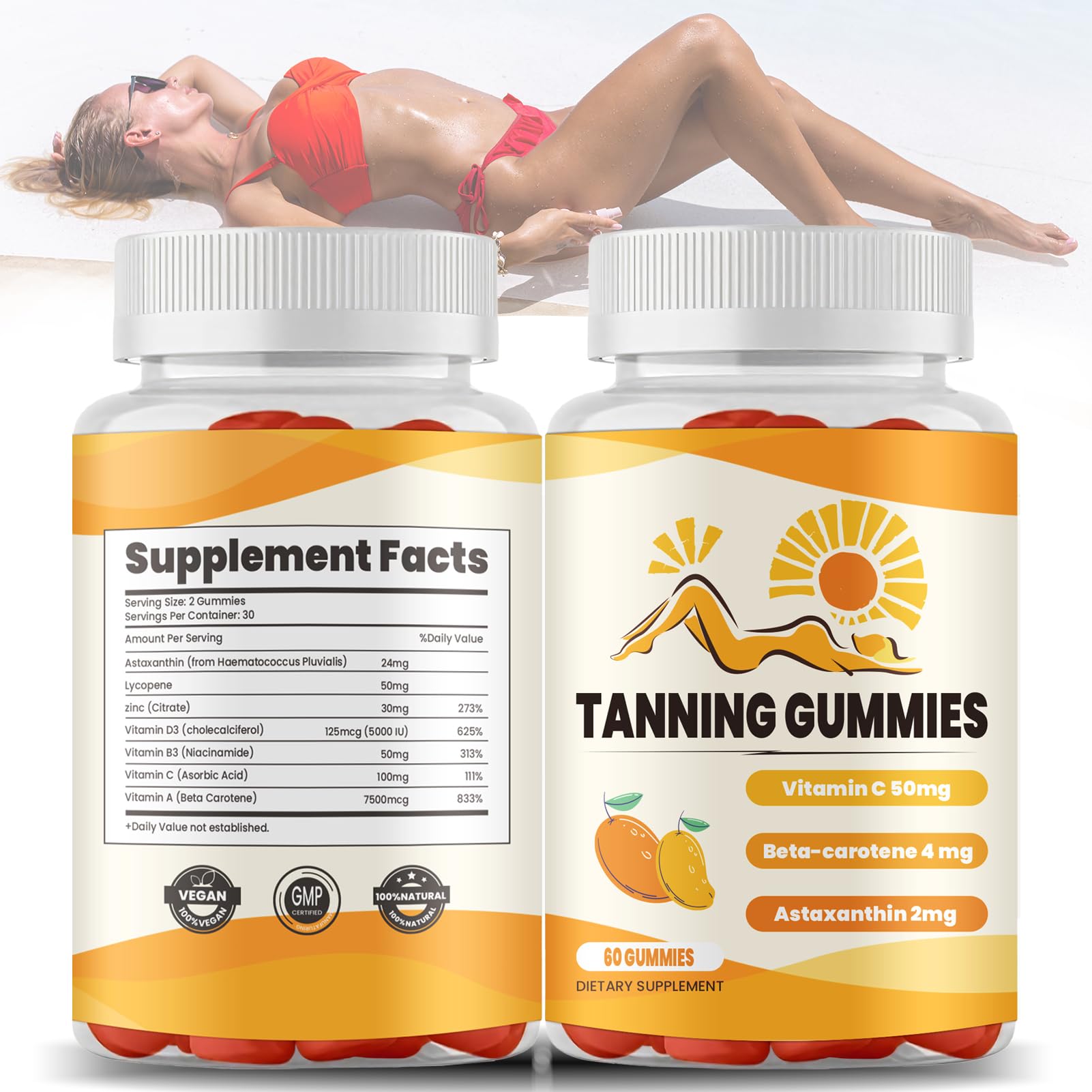 Super Tanning Gummies with Astaxanthin, Vitamin C & Turmeric - Natural Skin Glow Supplement for Healthy Tan (60 Count) | Sunless Tanning Boost for Beach & Summer Vacation Prep