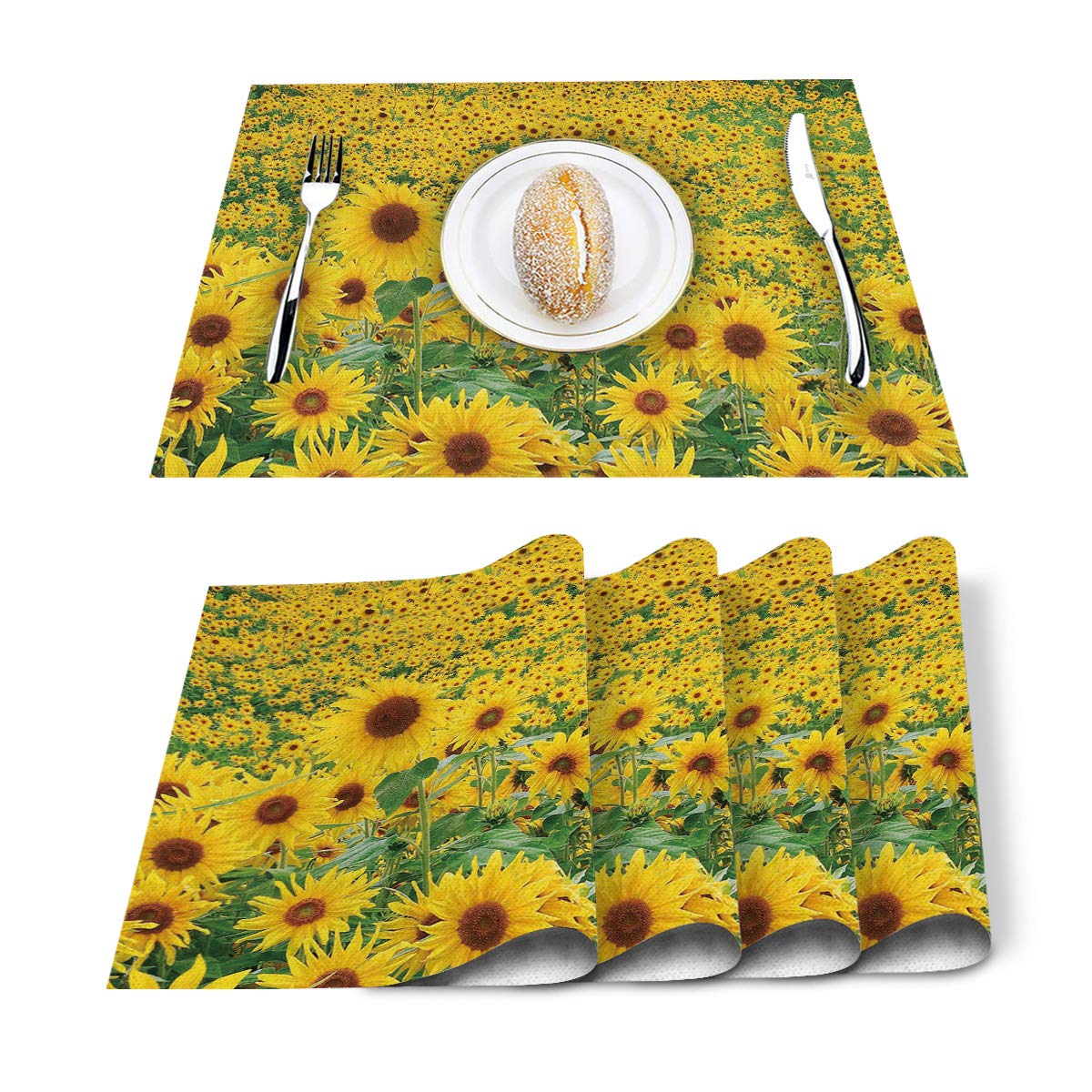 Sunflower Placemats Set of 4 - Heat Resistant Cotton Linen Table Mats for Dining, Non-Slip Washable Kitchen Decor - Perfect for Holiday Banquets, Family Dinners & Sunny Day Tablescapes
