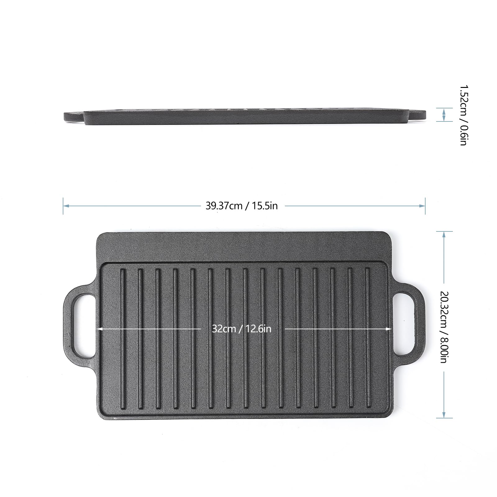 HAWOK 12.6x8 Inch Cast Iron Reversible Grill & Griddle - Pre-Seasoned, Heavy Duty for Stovetop, Oven, Camping & Outdoor Cooking - Perfect for Steaks, Burgers, Pancakes & BBQ