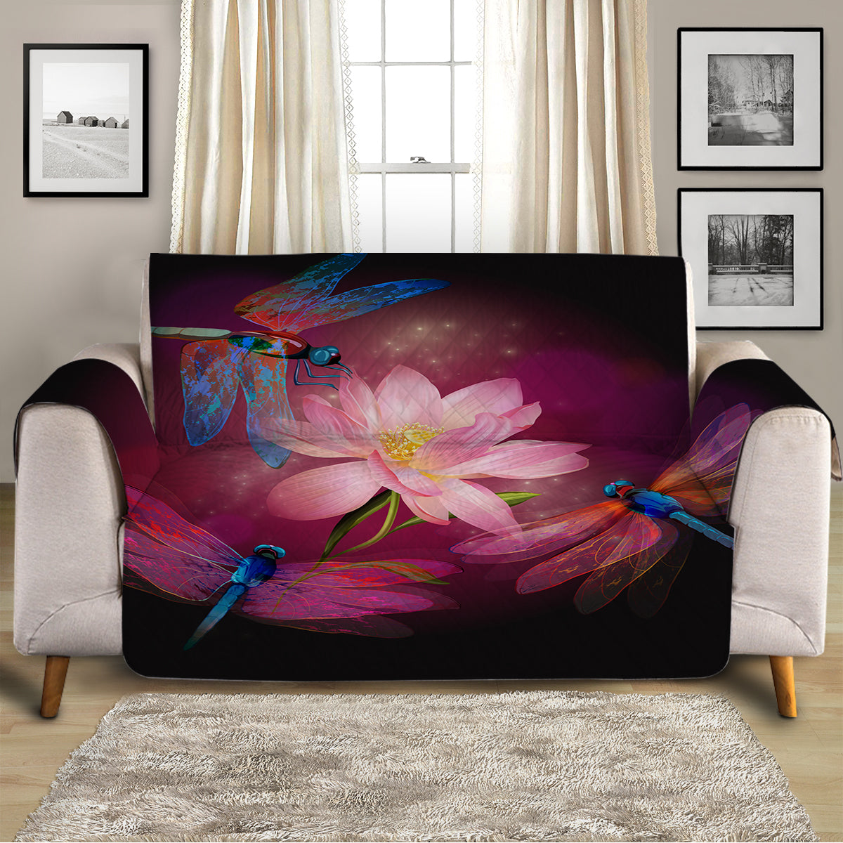 Dragonfly and Lotus Pattern Sofa Cover - Soft Stretchable Couch Slipcover for Living Room Decor, Home Furniture Protection