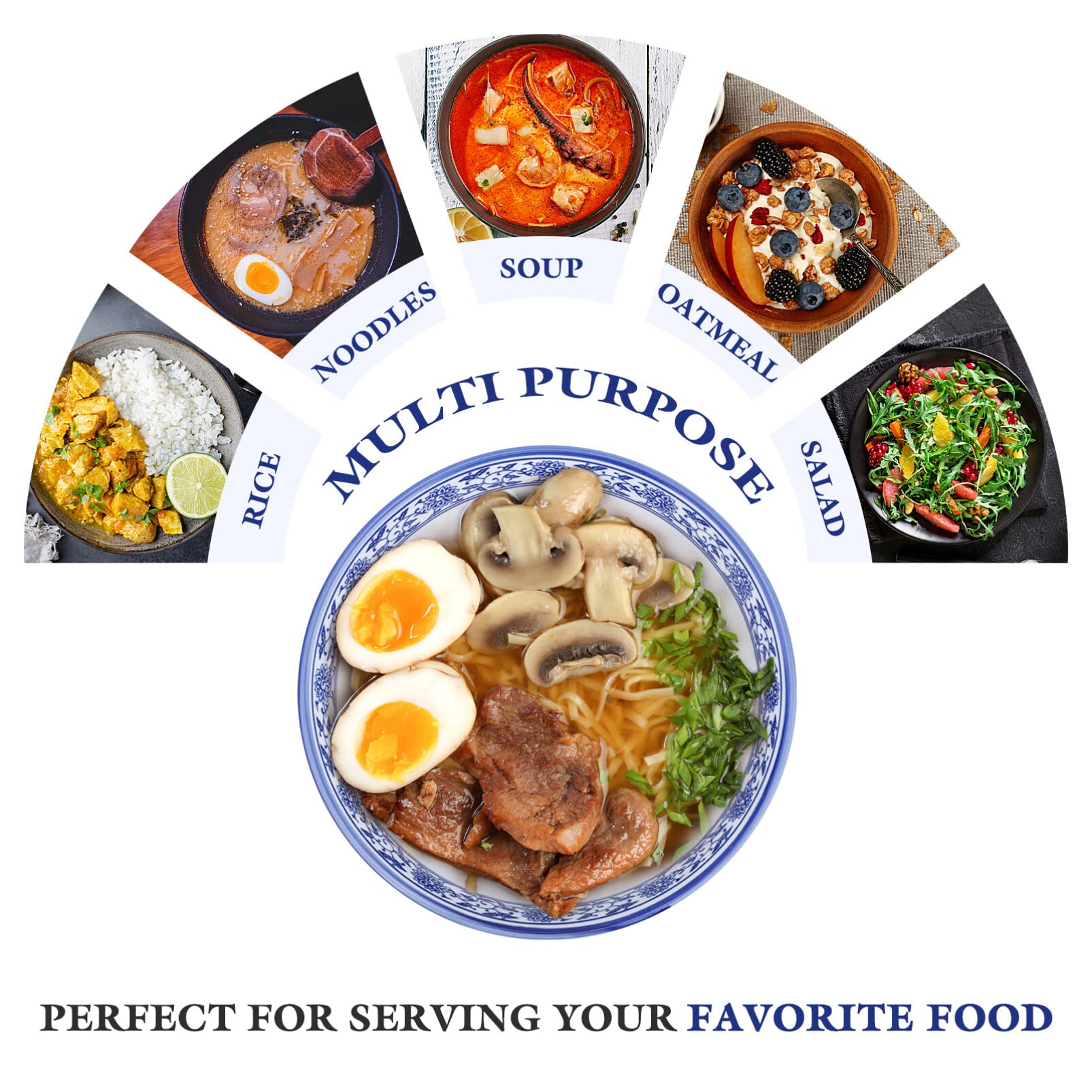 Premium Blue and White Porcelain Mixing Bowls Set - Chinese Style Ceramic Serving Bowls for Noodles, Soup, Salad, Pasta, Rice, Porridge & Fruits - Durable Ramen Bowl & Fruit Bowl - Perfect for Kitchen, Dining & Food Presentation