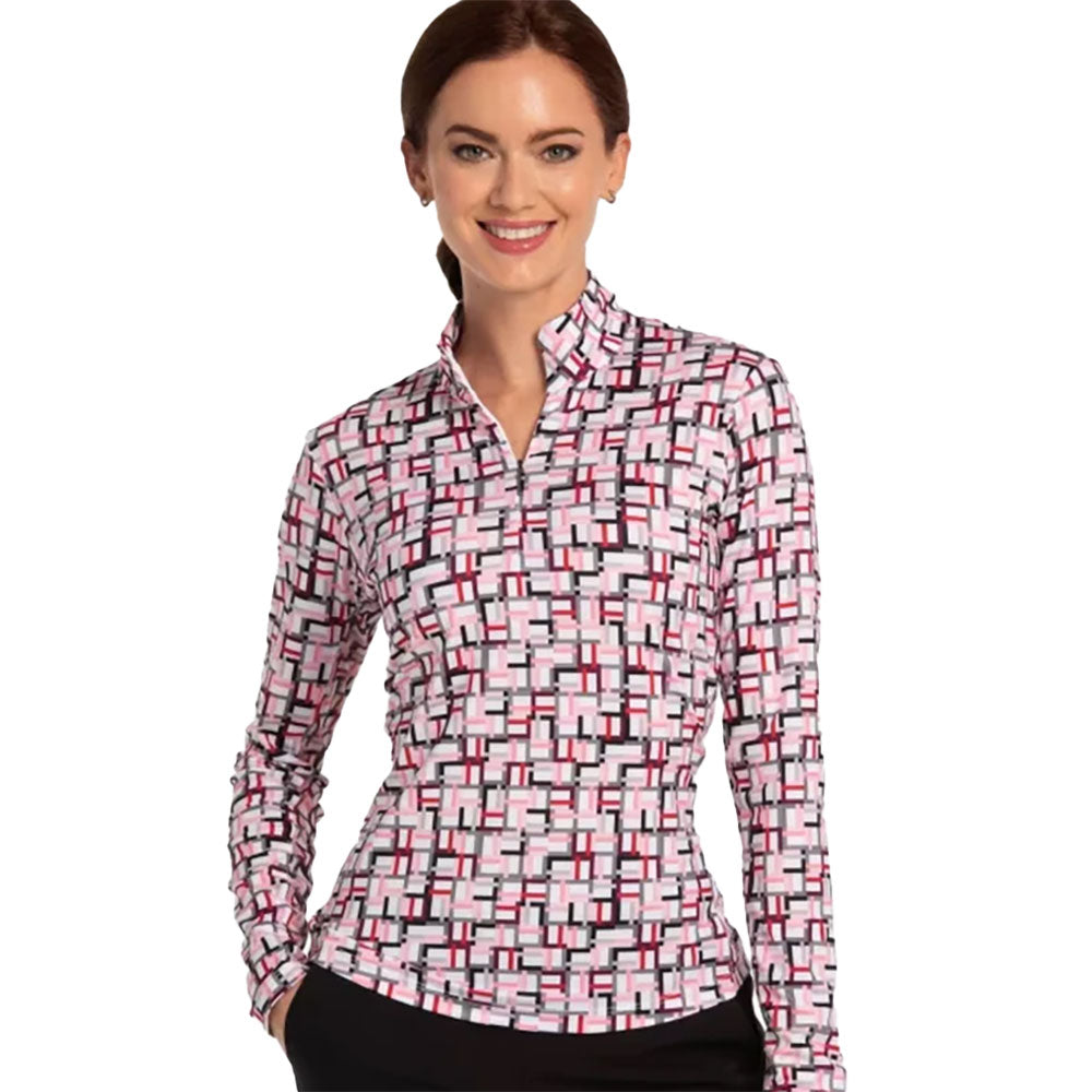 EP New York Geo Print Zip Mock Neck Women's Golf Polo Shirt - Stylish & Comfortable for Golf, Tennis & Casual Wear