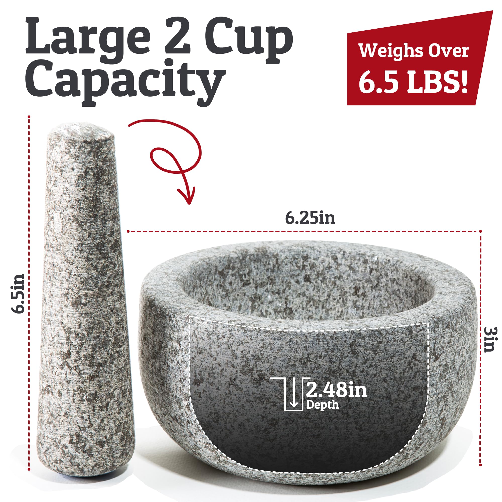 Priority Chef Heavy Duty Large Mortar and Pestle Set - 6.3 Inch Natural Granite Stone Grinder Bowl for Guacamole, Pesto, Spices & Herbs | 2 Cup Capacity, Durable Herb Crusher & Spice Grinder - Perfect for Kitchen, Cooking & Food Prep (Grey)