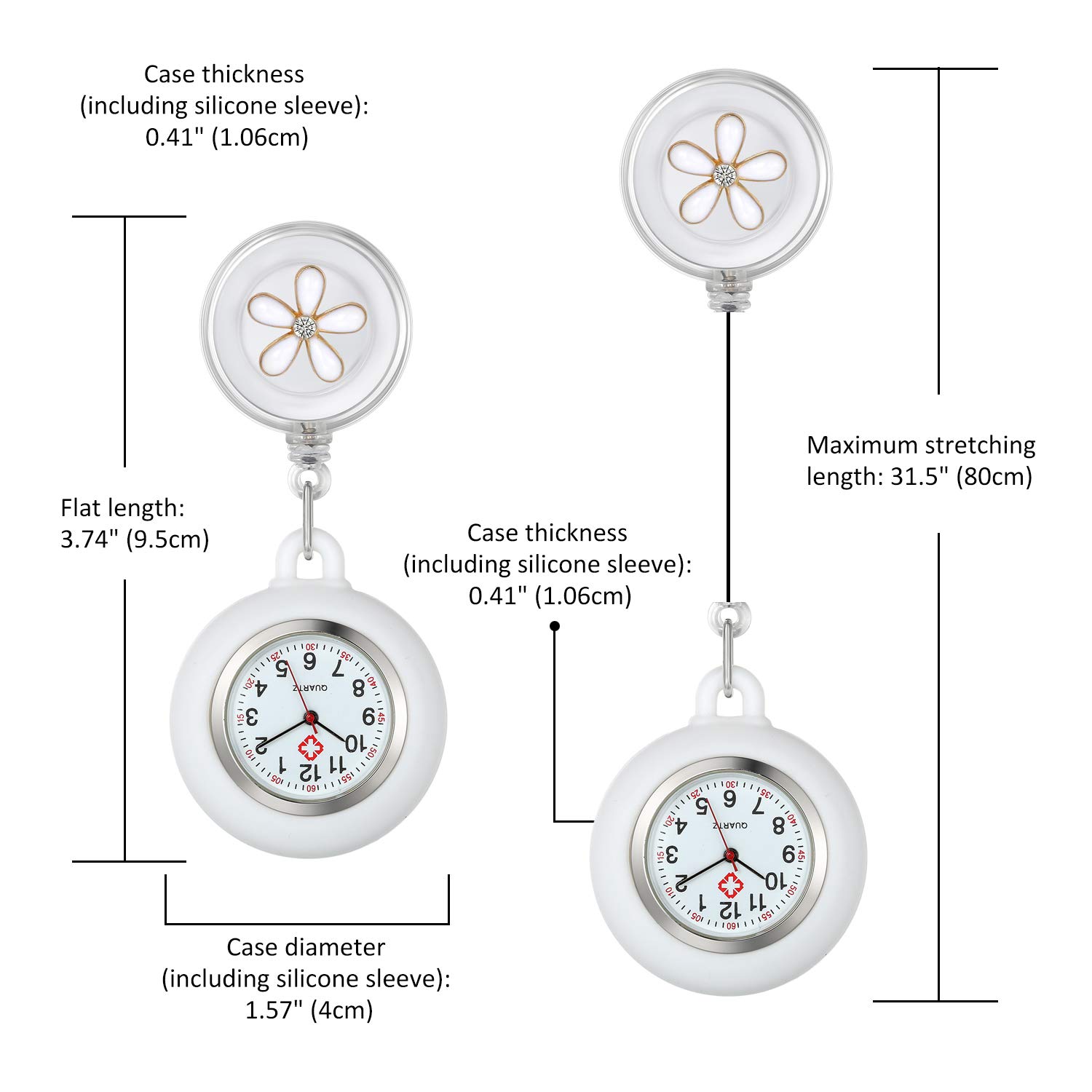 Lancardo Clip-On Nurse Watch for Medical Professionals - White Silicone Badge Watch with Leaves Pattern & Retractable Stethoscope Fob | Perfect for Doctors, Nurses, Healthcare Workers in Hospitals & Clinics