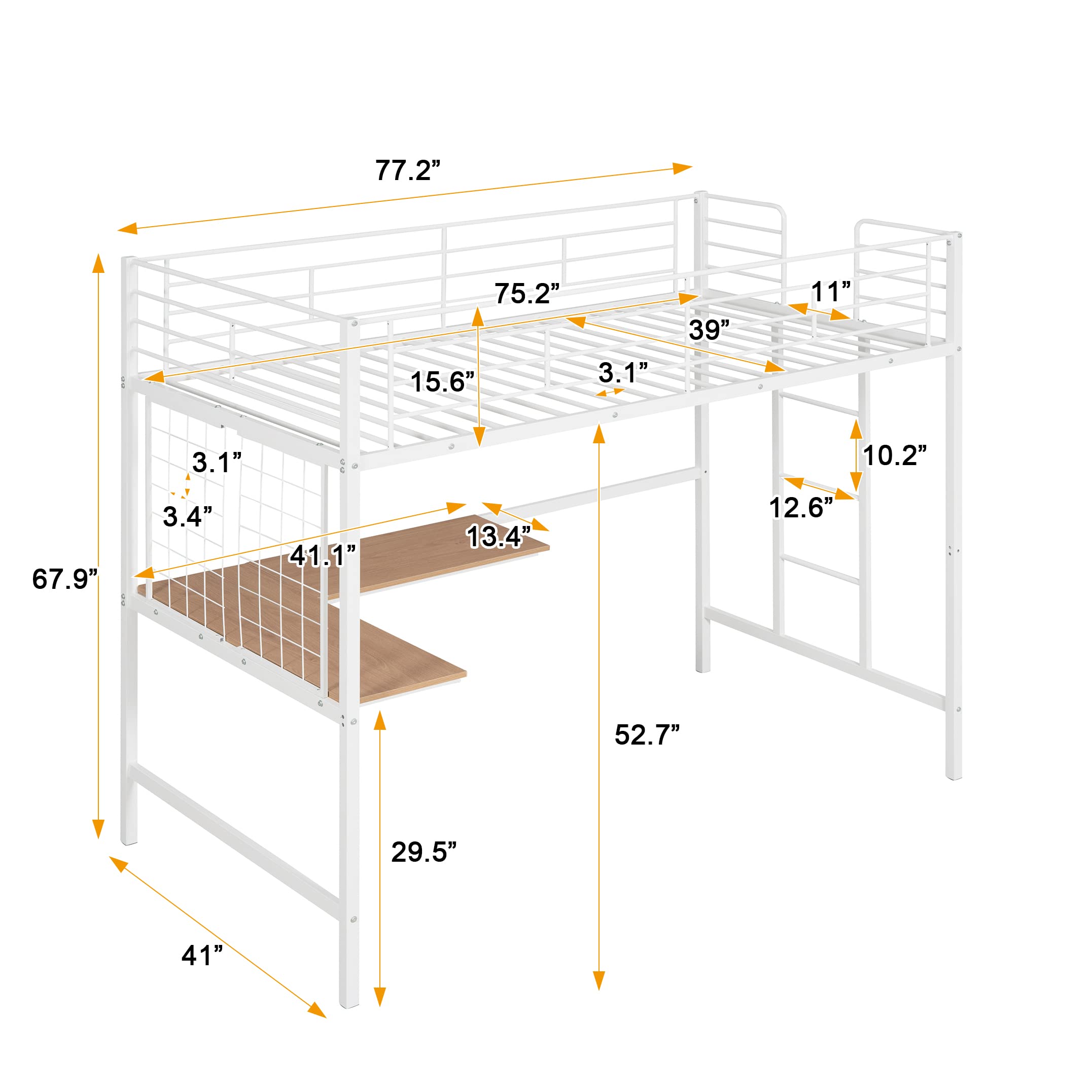Harper & Bright Designs Twin Size Metal Loft Bed with L-Shape Desk - Space Saving Loft Bed Frame with Study Area for Kids & Teens - Sturdy Metal Grid Design - Perfect for Small Bedrooms & Dorm Rooms (White)