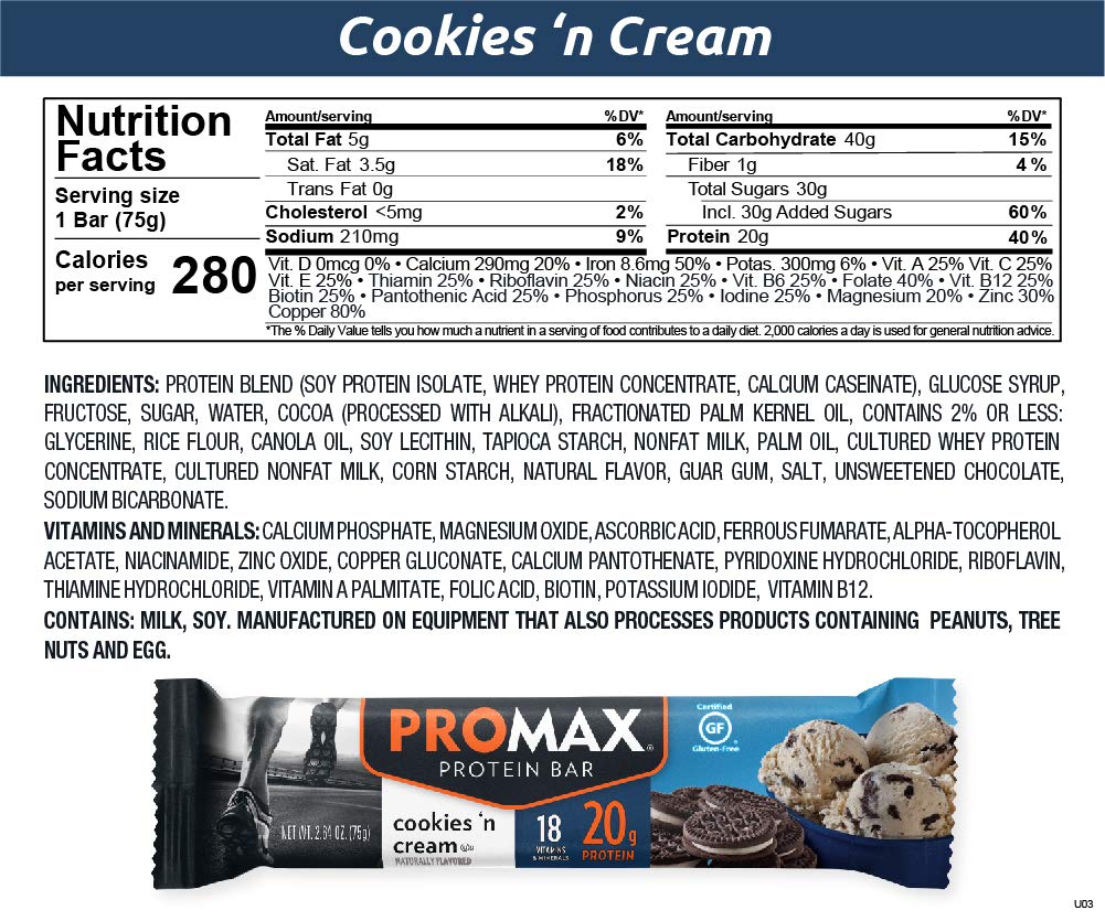 Promax Protein Bar Cookies 'n Cream - 20g High Protein, Gluten Free, Low Sugar, 12 Pack - Perfect for Post-Workout Recovery, Healthy Snacking & On-the-Go Nutrition