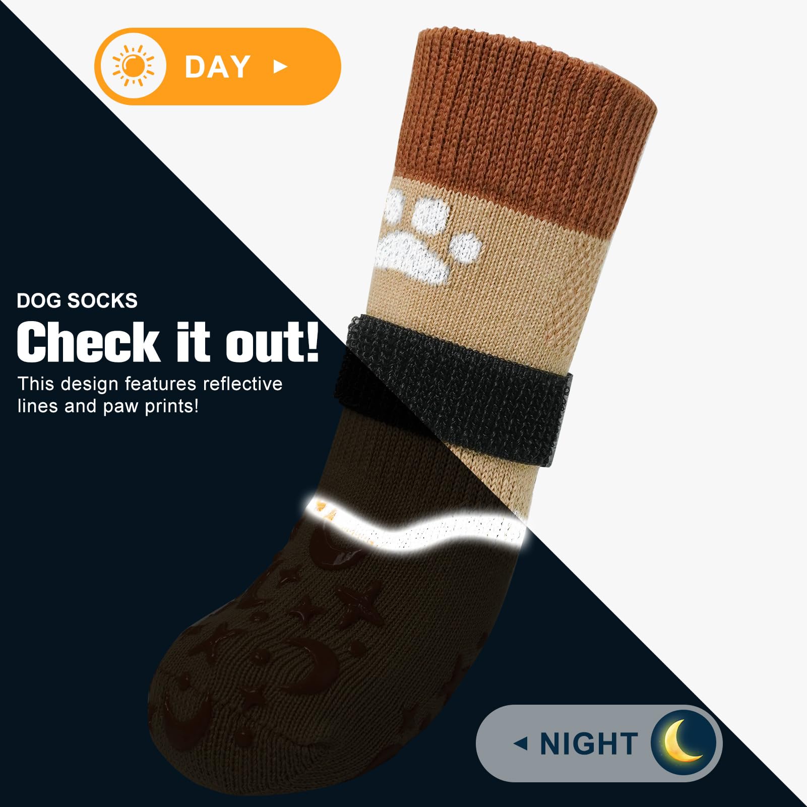 BEAUTYZOO Anti-Slip Dog Socks for Small Dogs - Winter Reflective Paw Protectors for Hardwood Floors, Senior Dogs & Cold Weather - Non-Licking Pet Booties (Khaki) - Perfect for Indoor Use, Outdoor Walks & Snowy Conditions