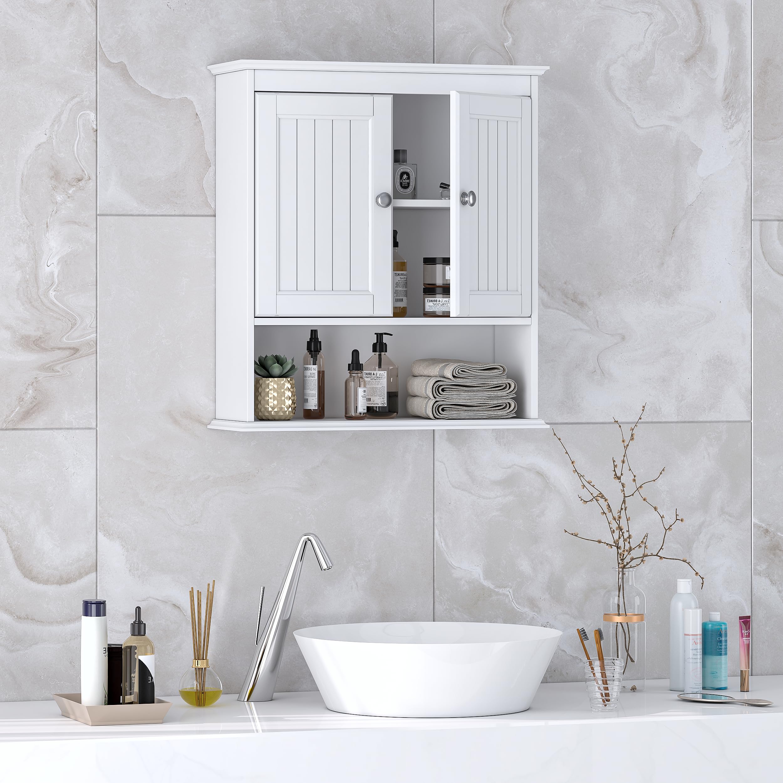 White Wooden Wall Mounted Bathroom Cabinet with Doors and Shelves - Over The Toilet Storage Organizer for Towels, Toiletries & Bathroom Essentials | Space-Saving Bathroom Decor