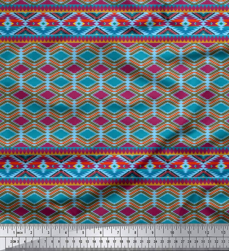 Soimoi Moss Georgette Blue Fabric by The Yard - 42 Inch Wide Aztec Geometric Printed Fabric for Dresses, Curtains & Home Decor | Tribal Contemporary Fashion Material for DIY Sewing Projects
