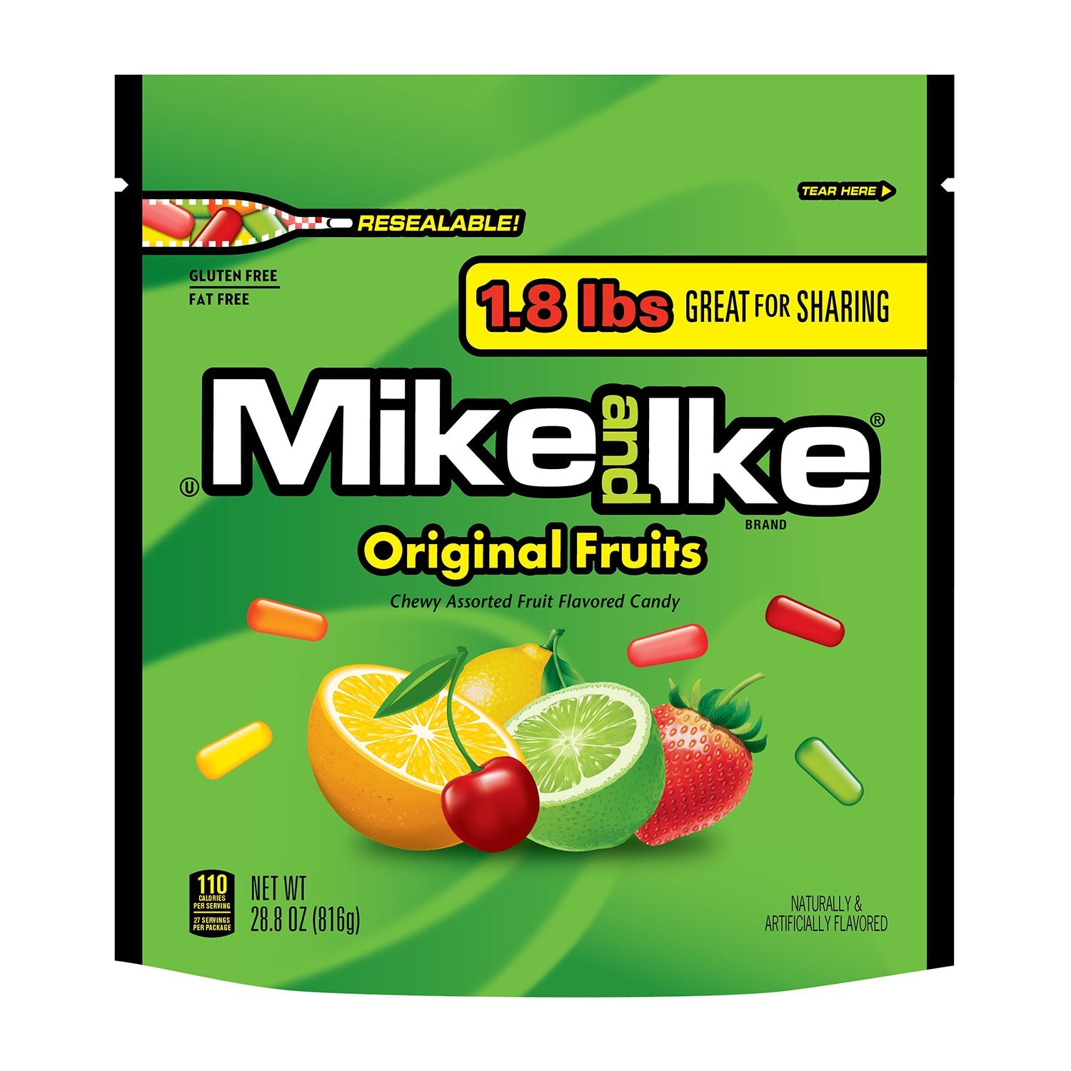 Just Born Mike & Ike Original Fruit Flavored Candy | 28.8oz Resealable Bag - Perfect for Halloween, Parties & Movie Nights