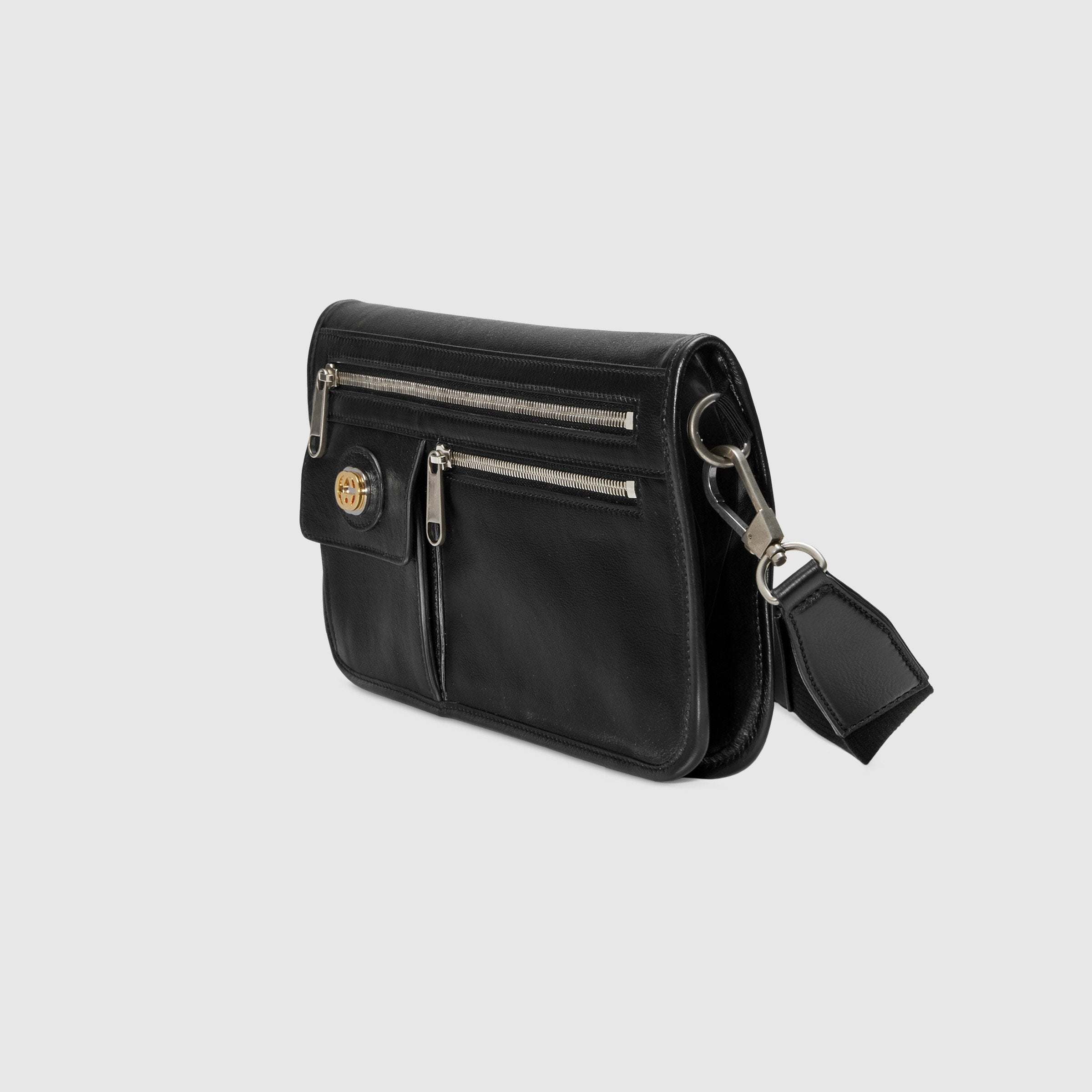 Gucci Medium Soft Leather Messenger Bag for Men & Women - Black Crossbody Shoulder Bag for Work, Travel & Daily Use