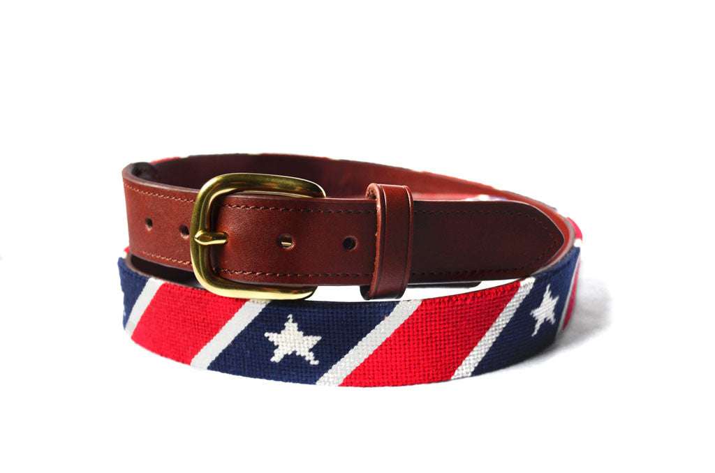 STARS AND STRIPES NEEDLEPOINT BELT™ - Patriotic American Flag Design Leather Belt for Men & Women - Perfect for 4th of July, Veterans Day & Patriotic Events