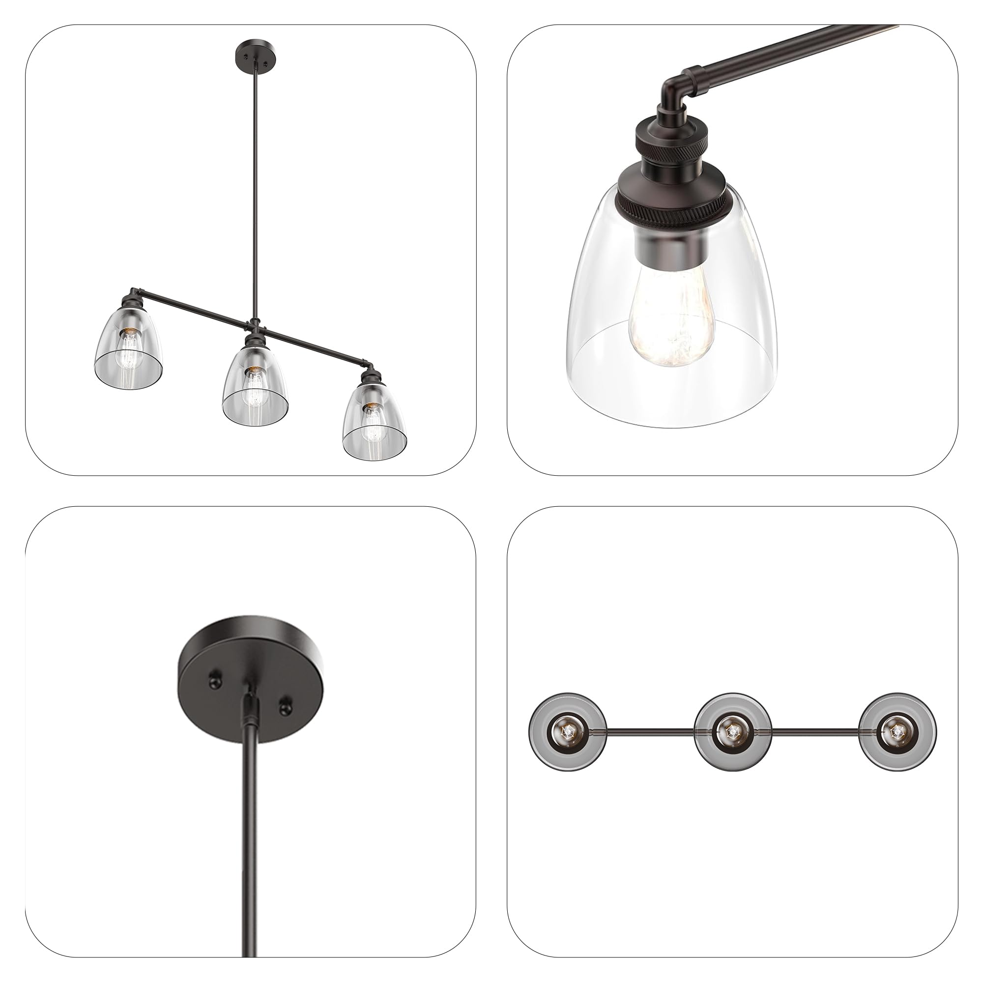 LEDMyplace 3-Light Linear Pendant Lighting Fixture - Bell Shaped Clear Glass Shade with Oil Rubbed Bronze Finish - Farmhouse & Modern Home Decor for Kitchen Island, Dining Room, Bedroom, Living Room, Hallway - E26 Base (Bulbs Not Included)