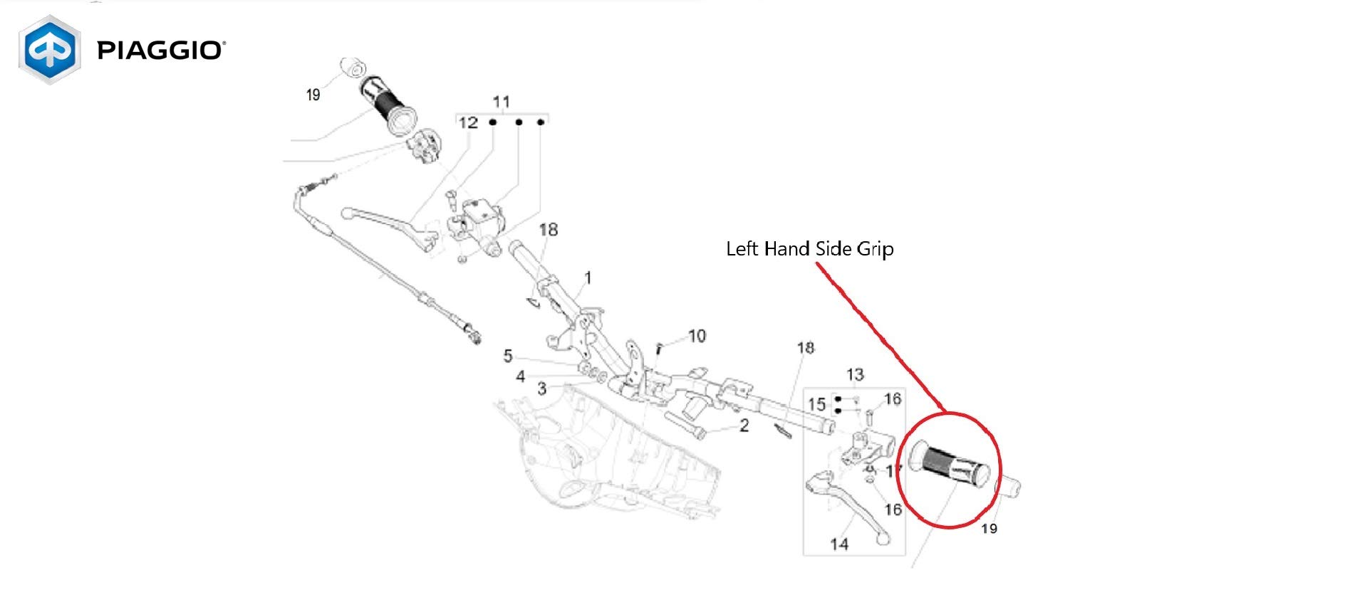 Vespa OEM Left Hand Handle Grip 666965 - Genuine Piaggio Replacement for Vespa Scooters - Comfortable Rubber Grip for Enhanced Ride Control and Safety