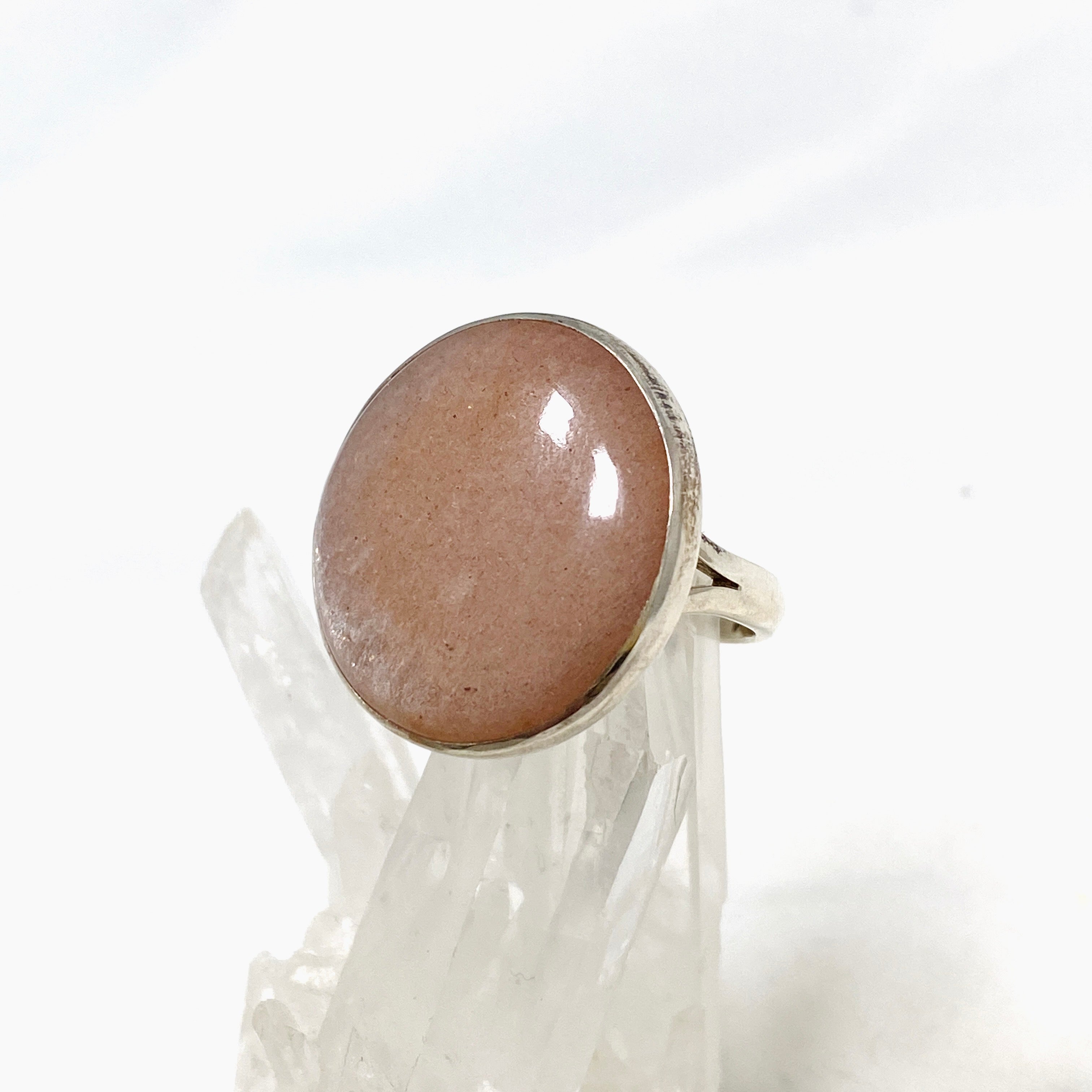 Natural Peach Moonstone Round Ring - Size 10 Silver Jewelry KRGJ2173 | Elegant Boho Gift for Women, Perfect for Weddings & Everyday Wear