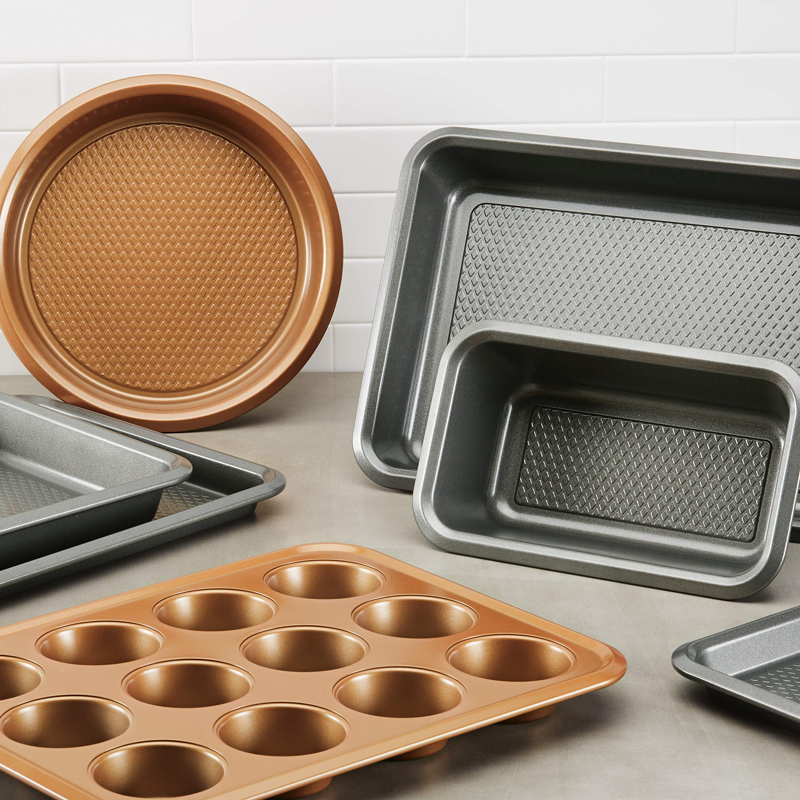 Ayesha Curry Nonstick Bakeware Set - 3 Piece Round Cake Pan Set, Oven Safe & Easy Clean Brown Baking Pans for Cakes, Pies, Brownies & Desserts - Perfect for Home Baking & Holiday Cooking