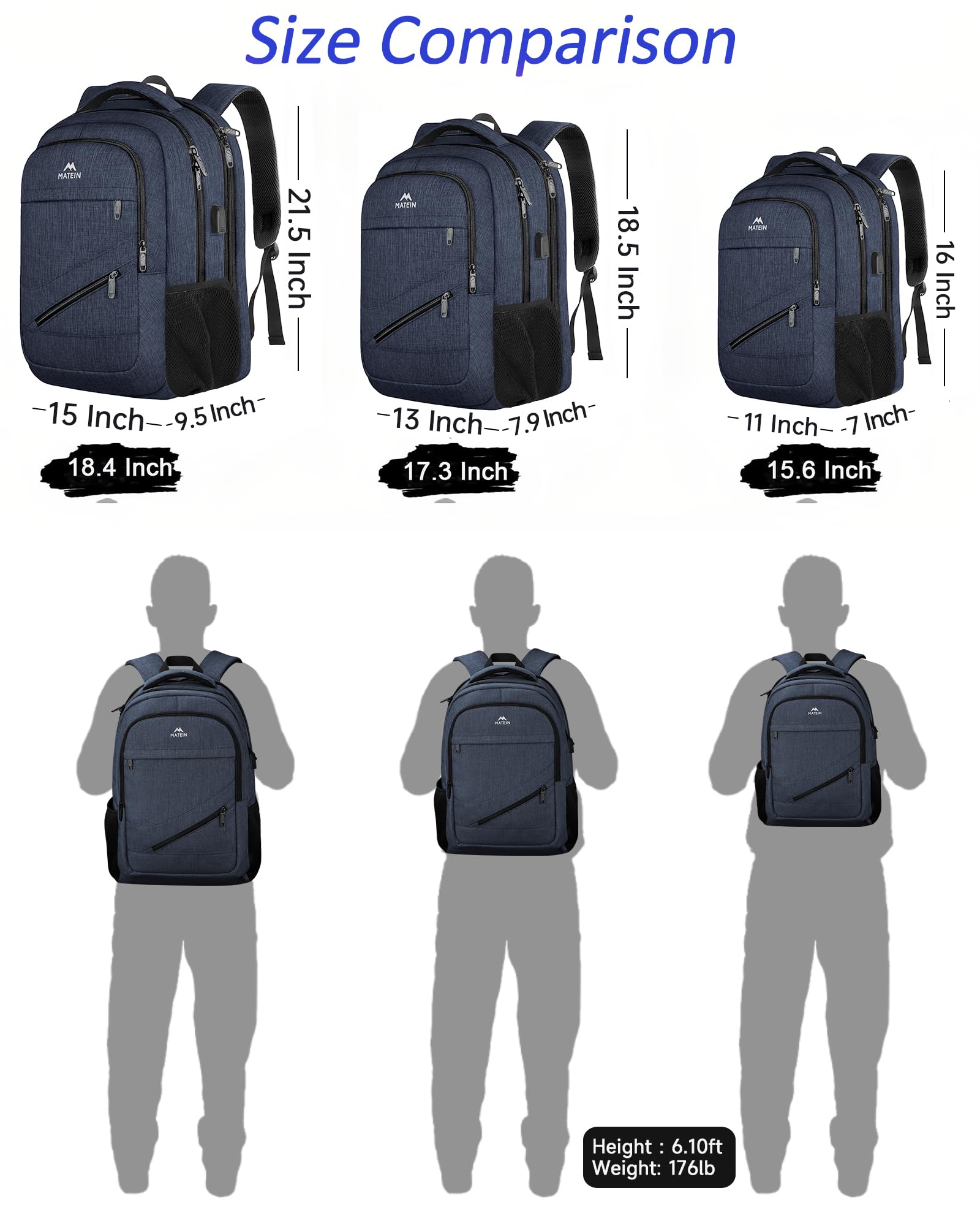 MATEIN Extra Large Laptop Backpack for Men & Women - 18.4 Inch USB Charging Port Travel Backpack, Waterproof Business Bag with Trolley Sleeve & Flight Approved Carry On - Perfect for Work Commute, College Campus & Air Travel (Dark Blue)