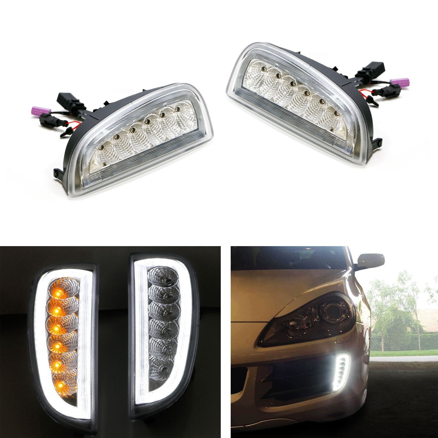 Clear Switchback LED Daytime Running Lights & Turn Signals for 2007-2010 Porsche Cayenne - DRL Fog Lights with Amber Turn Signal for Enhanced Visibility & Style