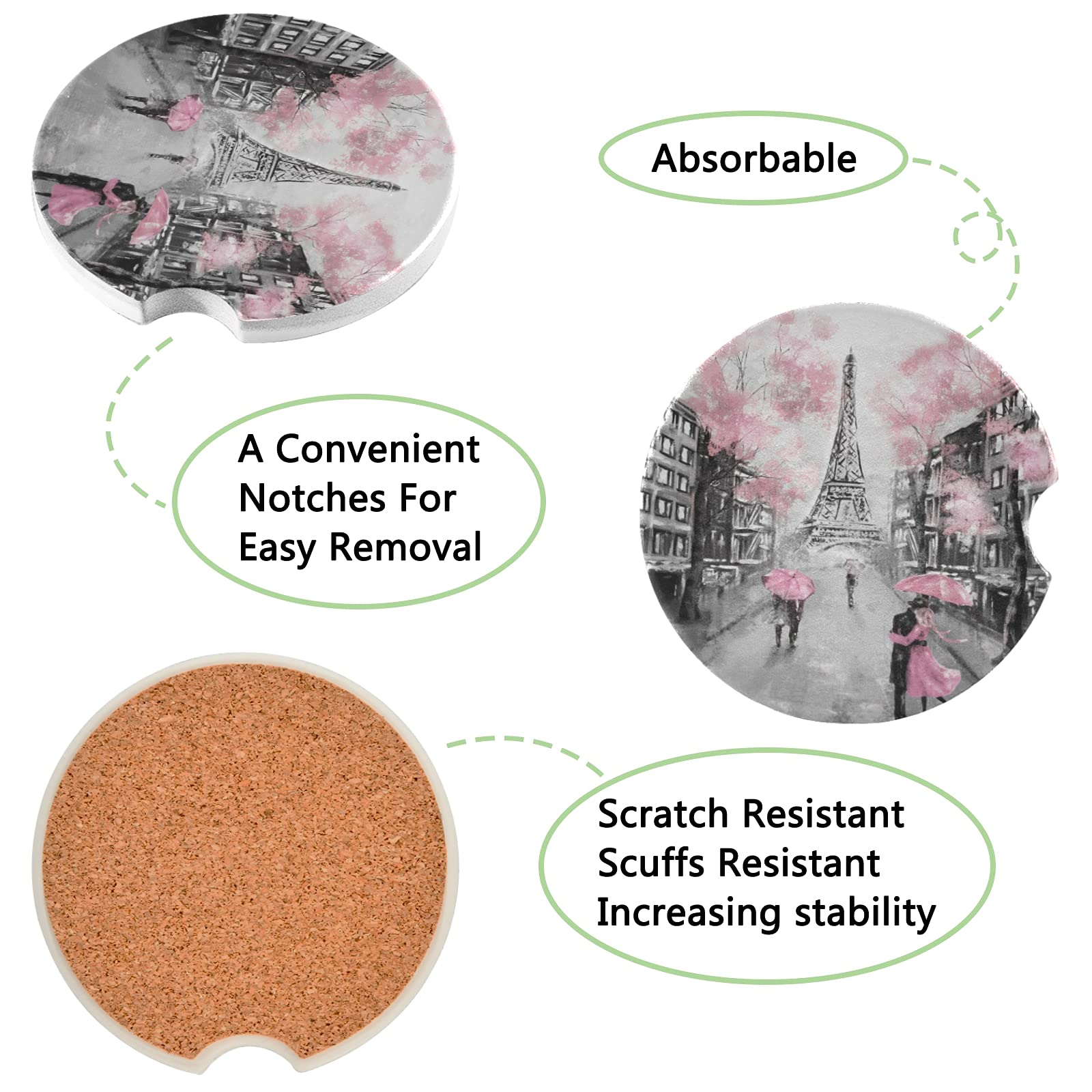 2 Pack Eiffel Tower Paris France Car Coasters - Absorbent Ceramic Cup Holder Coasters for Drinks, Car Accessories for Men & Women (2.56in) - Perfect for Road Trips & Daily Commutes
