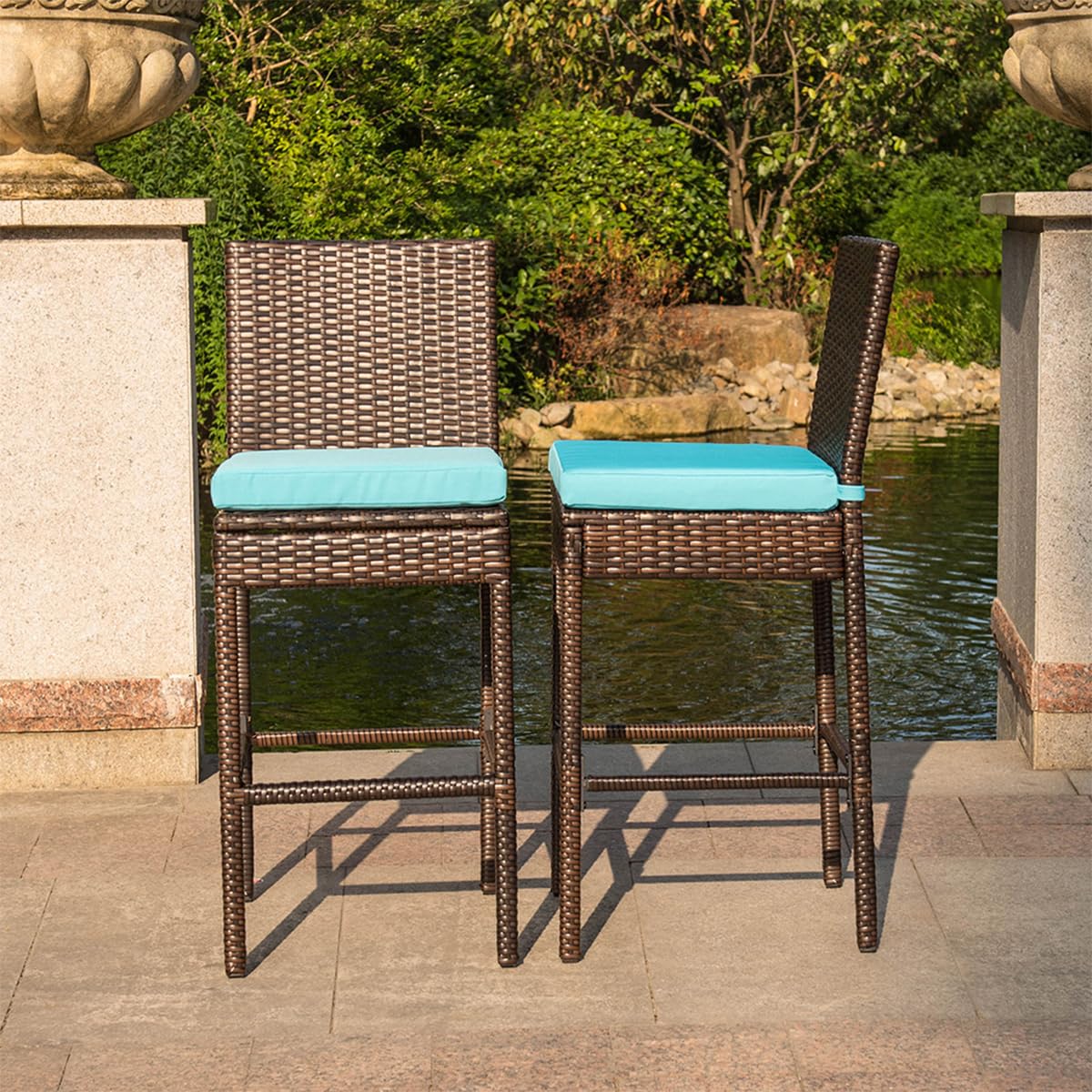 Sundale Outdoor Wicker Bar Stool Set of 4 - 30 Inch Counter Height Patio Stools with Backrest, Rattan Woven Tall Chairs with Blue Cushions & Pillows - Steel Frame, Brown - Perfect for Backyard, Poolside, and Outdoor Dining Areas