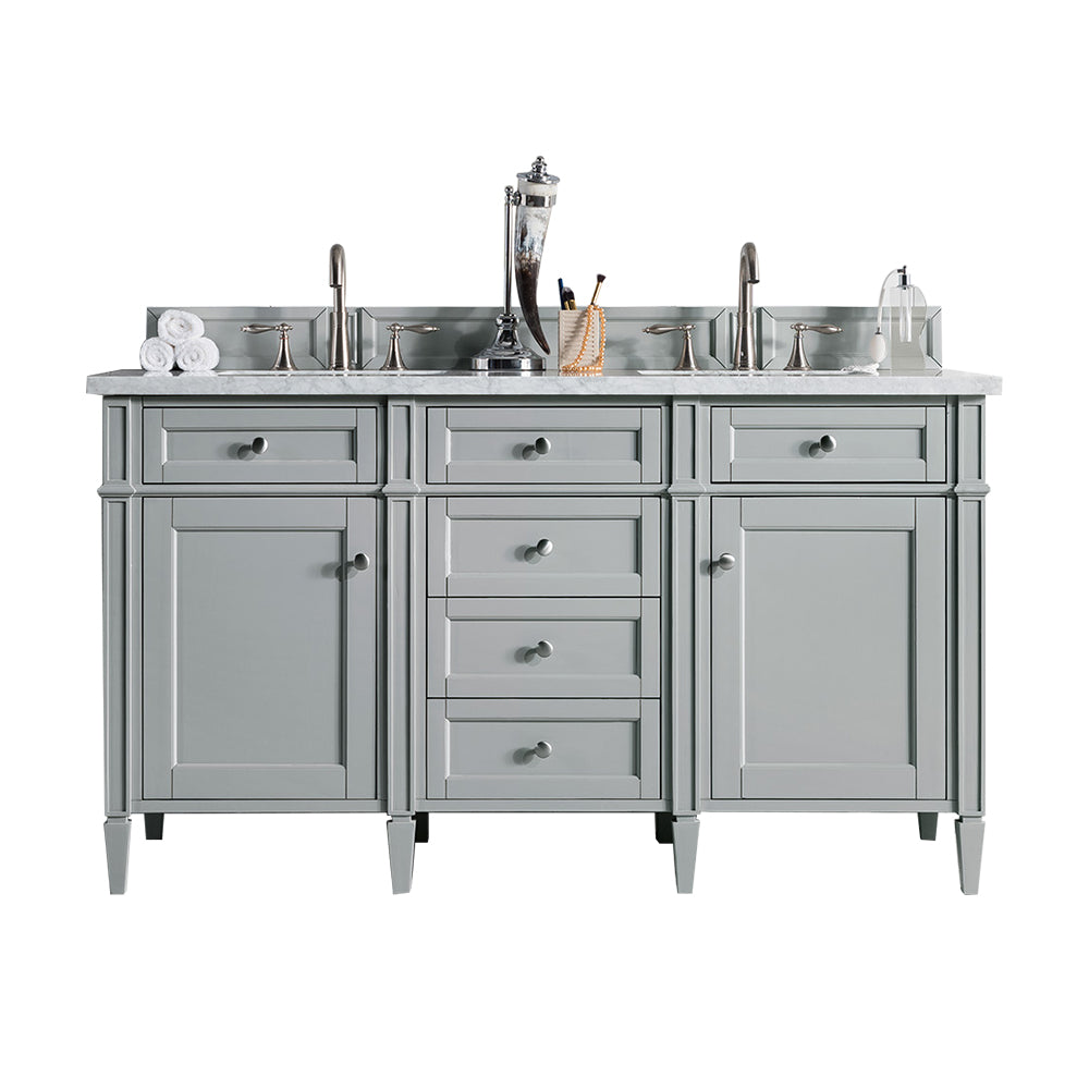 Brittany 60-Inch Urban Gray Double Vanity with 3CM Carrara Marble Top – Modern Bathroom Vanity for Master Bath & Guest Bathroom