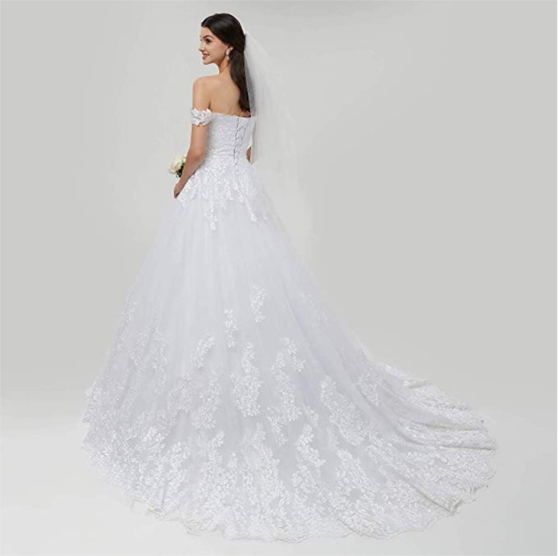 Elegant White Off Shoulder Sleeveless Lace Wedding Dress for Women - A-Line Formal Evening Gown with Applique Details | Perfect for Bridal, Prom, Cocktail Party & Special Occasions