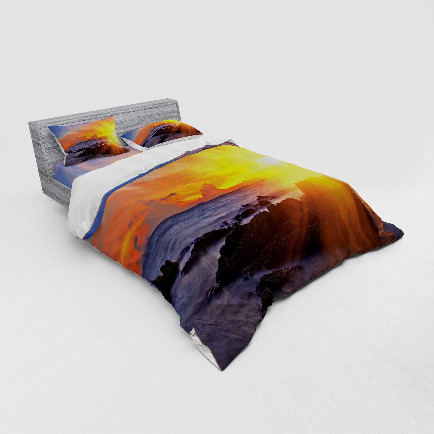 Ambesonne Tropical Beach Duvet Cover Set - Queen Size 4-Piece Bedding with Sunset Print, Shams & Fitted Sheet | Vibrant Orange & Blue Coastal Decor for Master Bedroom, Guest Room or Vacation Home
