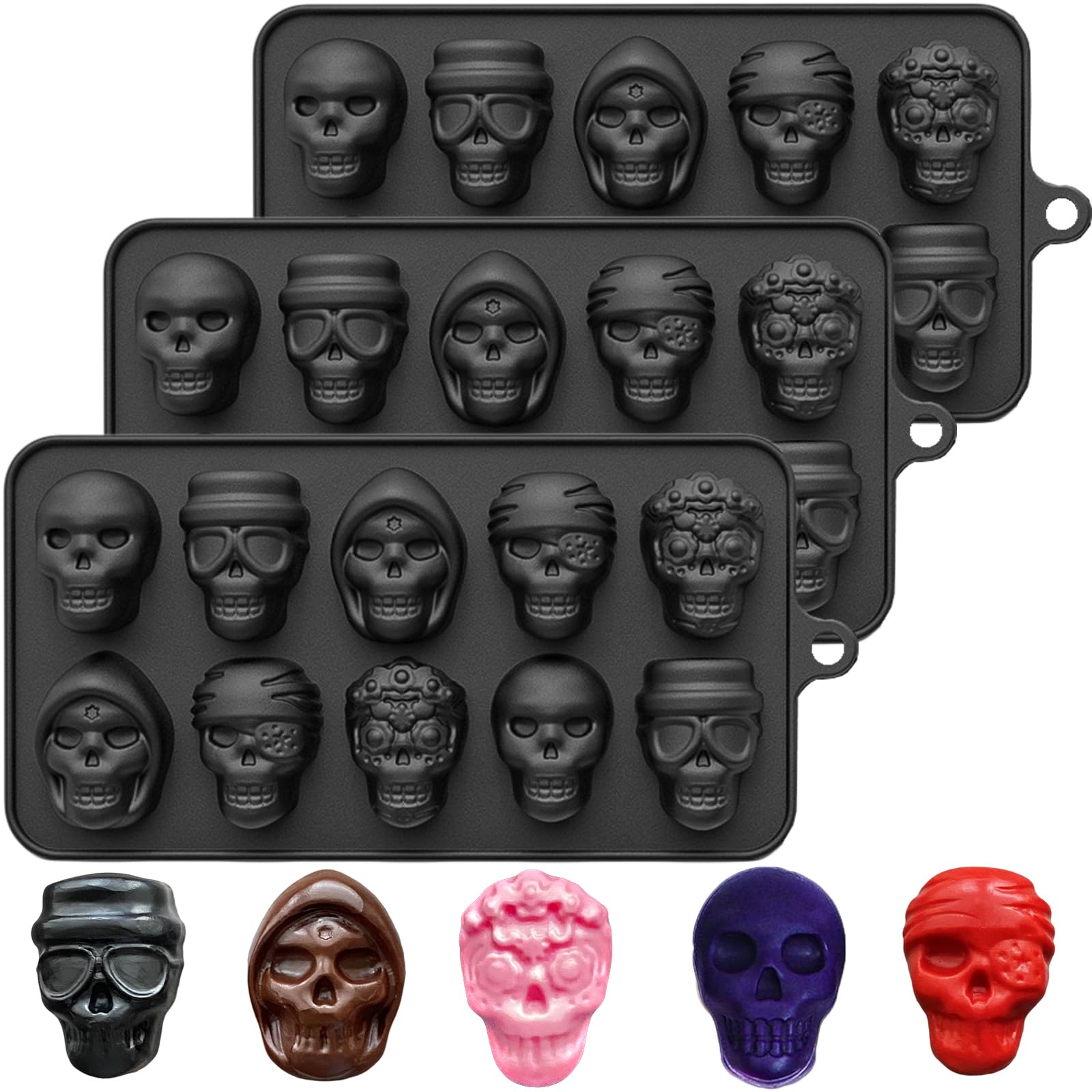 3 Pack Skull Silicone Molds for Baking - Halloween Chocolate, Jello & Ice Cube Molds - Perfect for Cake, Cupcake & Party Decorations (Black) | Great for Halloween Parties, DIY Desserts & Spooky Treats