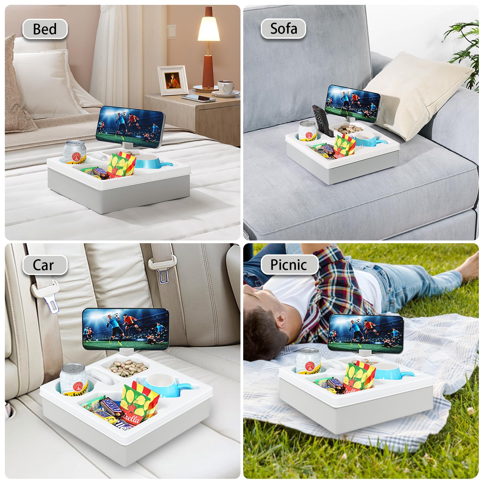 Rotatable Couch Caddy with Phone Holder & Cup Tray - Multi-Functional Sofa Organizer for Bed, Living Room - Waterproof Drink Holder for Snacks, Beverages, Remote & Cellphone (White) - Perfect for Movie Nights, Relaxing & Home Entertainment
