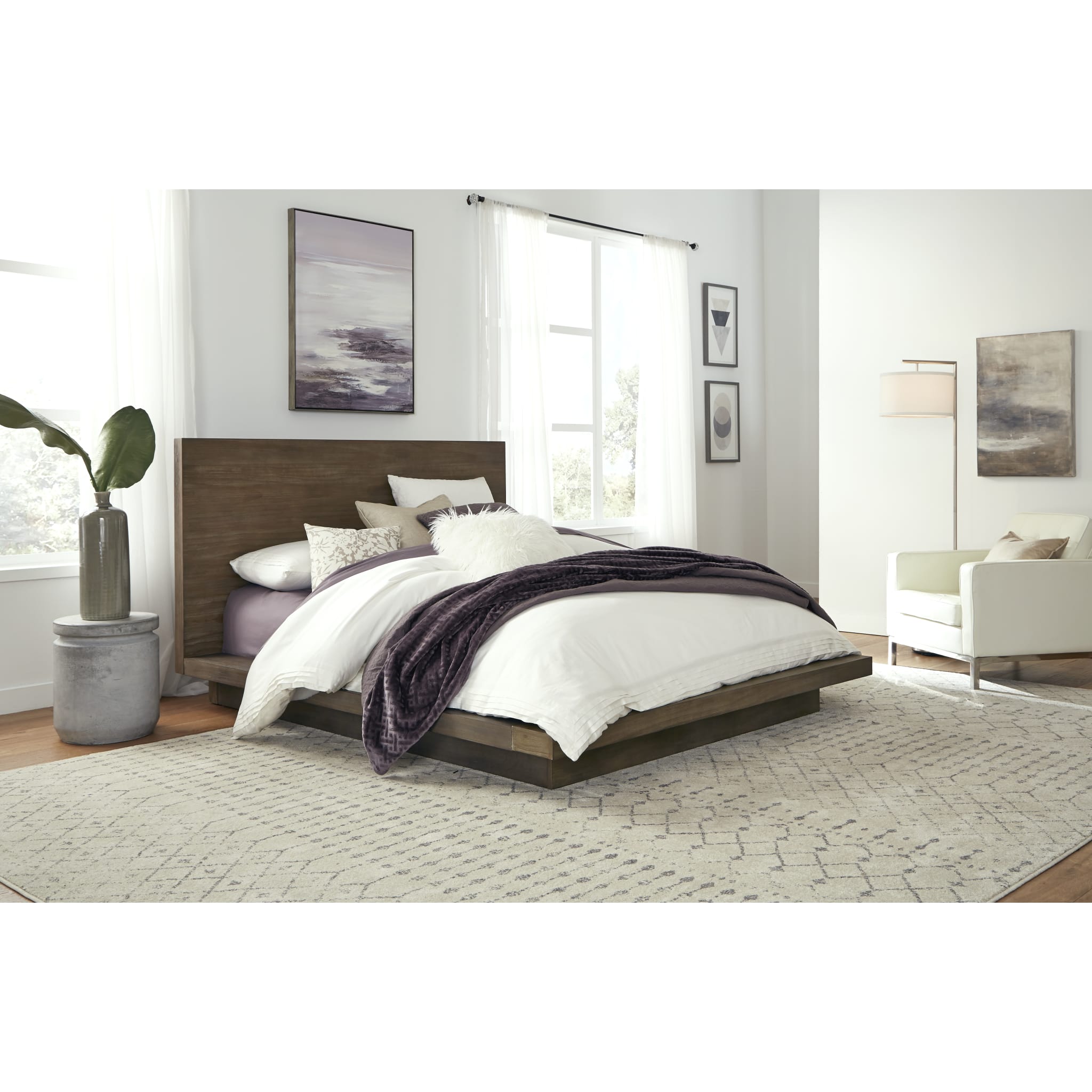 Dark Pine Wood Platform Bed Frame - Queen Size Solid Wood Bed with Headboard - Modern Minimalist Bedroom Furniture for Home Decor