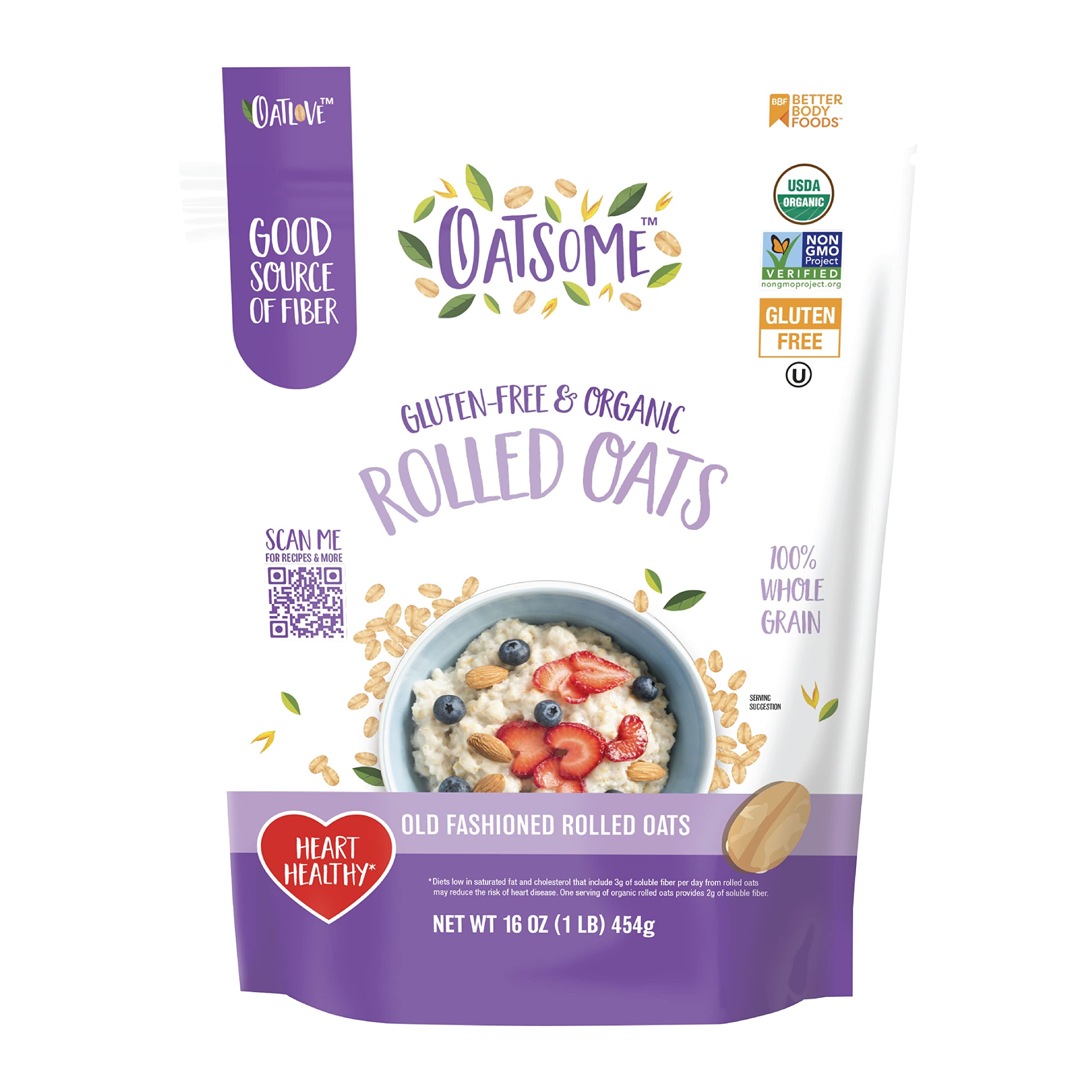 Organic Rolled Oats 1lb Bag - Gluten-Free Whole Grain Oats for Oatmeal, Baking & Granola - Healthy Breakfast, Smoothie Bowls & Energy Bars