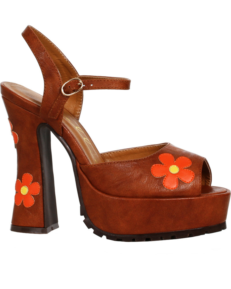 70s Retro Tan Daisy Chunky Heel Sandals with Adjustable Ankle Strap - Premium Women's Platform Shoes for Summer Weddings & Boho Fashion