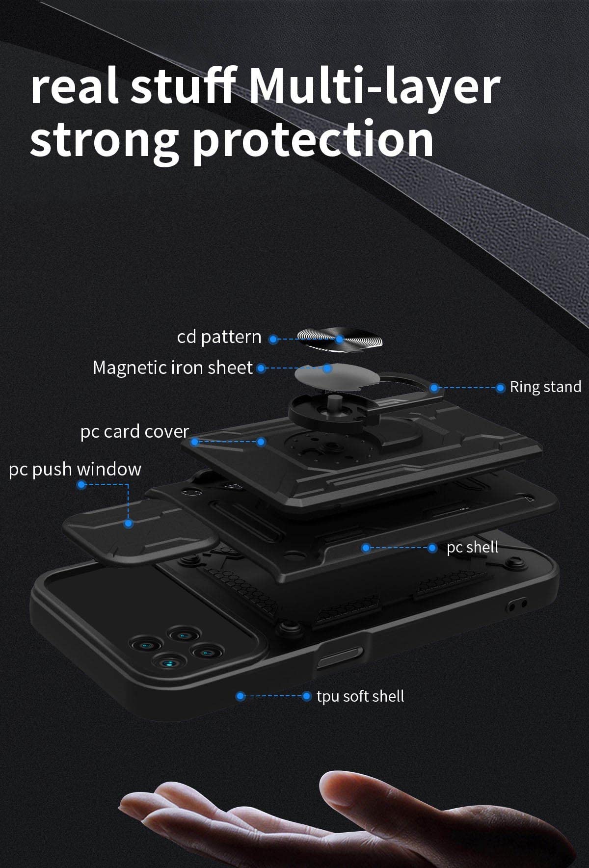 Heavy Duty Magnetic Ring Kickstand Phone Case for Oppo Realme 8i - Shockproof Protective Cover with Card Holder & Slide Camera (LJK Blue) | Perfect for Outdoor Activities, Travel & Daily Use