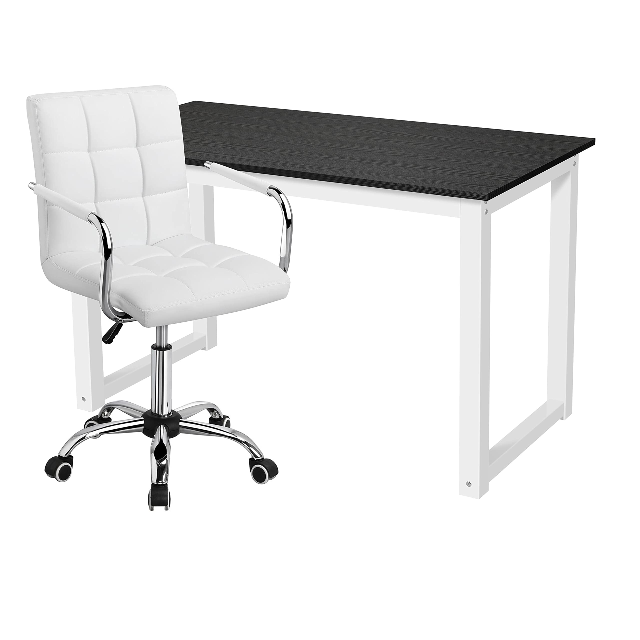 Yaheetech White Computer Desk and Chair Set with Wheels - Adjustable Ergonomic Study Gaming Workstation for Home Office, PC, Laptop - Sturdy Wood Desktop & Metal Frame for Writing, Working, Streaming