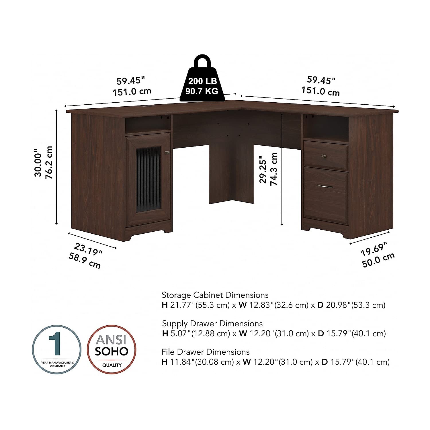 Bush Furniture Cabot L-Shaped Computer Desk in Modern Walnut - Corner Desk with Storage Drawers for Home Office | Space-Saving Workstation for Small Rooms & Gaming Setup
