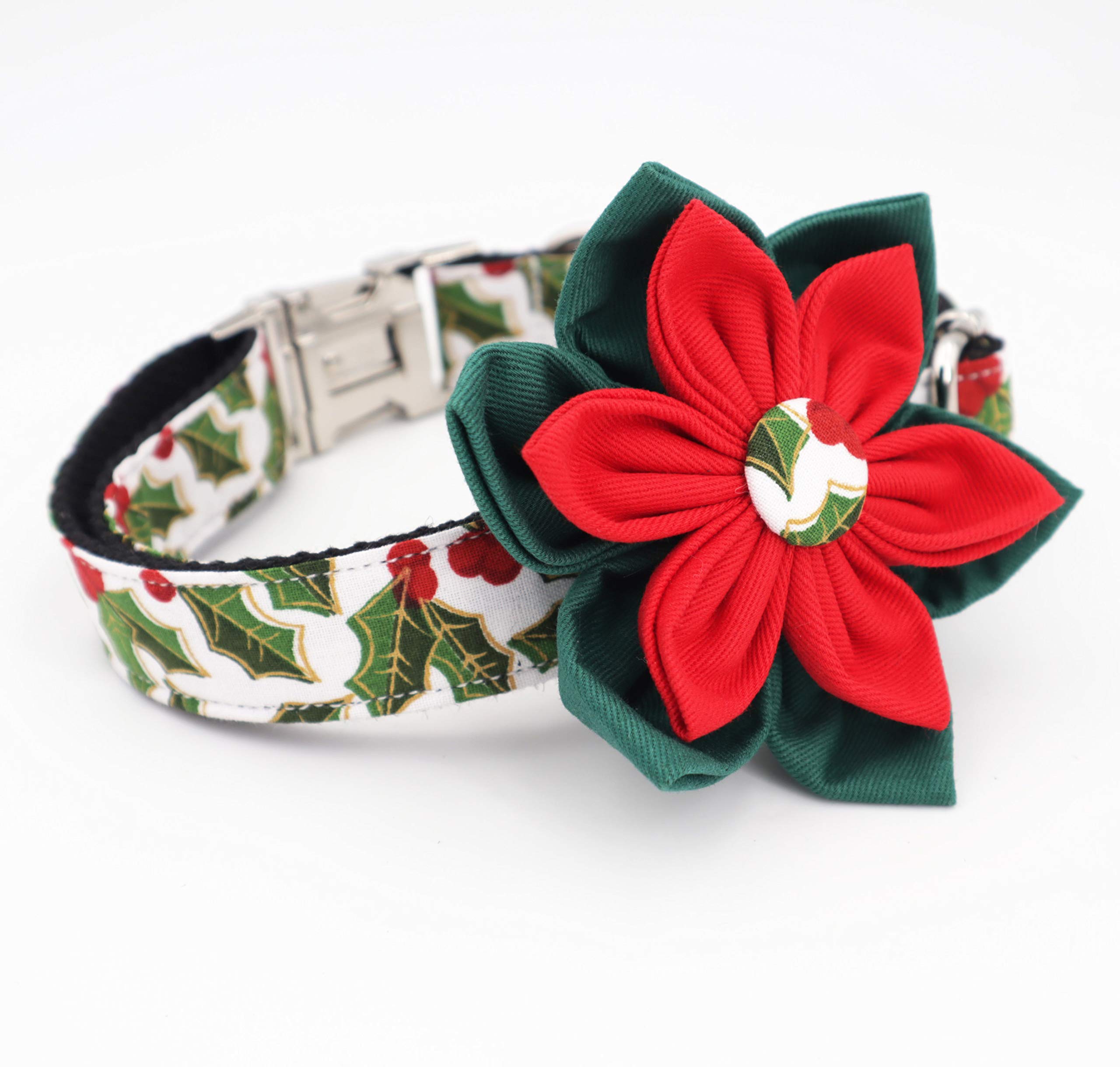 Christmas Dog Collar with Flower - Adjustable Pet Collar for Small to Medium Dogs, Perfect Holiday Gift for Girl Puppies - Great for Christmas Photos & Holiday Parties