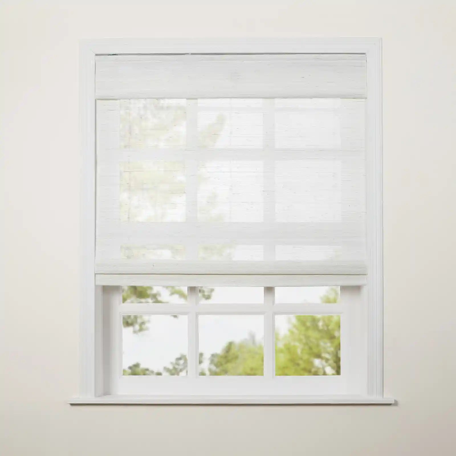 Natural Ramie Cordless Woven Wood Shade - White Rattan Top Down Bottom Up Window Treatment for Living Room & Bedroom