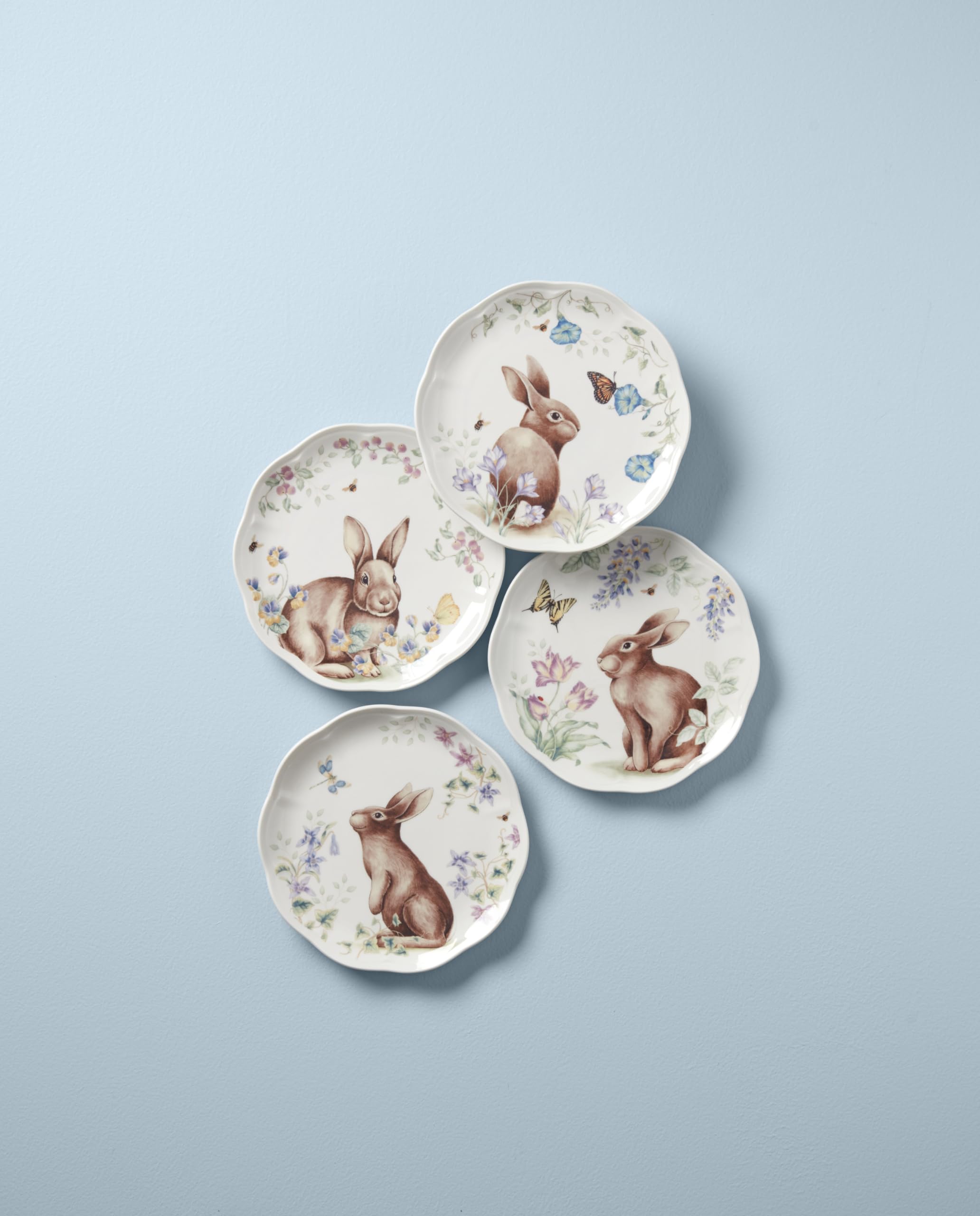 Lenox 893465 Butterfly Meadow Bunny 4-Piece Accent Plate Set - Elegant Floral Dinnerware for Easter, Spring Decor & Special Occasions