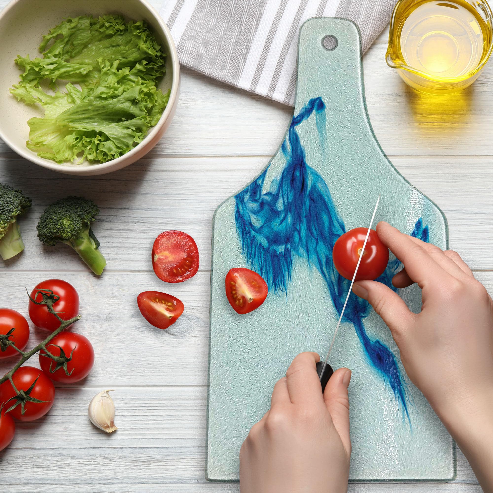 Ambesonne Horses Themed Tempered Glass Cutting Board - Gallop Animal Motif, Dark Blue & White Decorative Serving Board with Wine Bottle Shape - Perfect for Kitchen Use, Charcuterie Display, and Wine & Cheese Parties