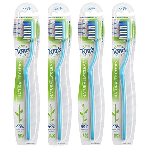 Tom's of Maine Naturally Clean Soft Bristle Toothbrush 4-Pack - Gentle Dental Care for Sensitive Teeth & Gums - Perfect for Travel, Home & Office Use