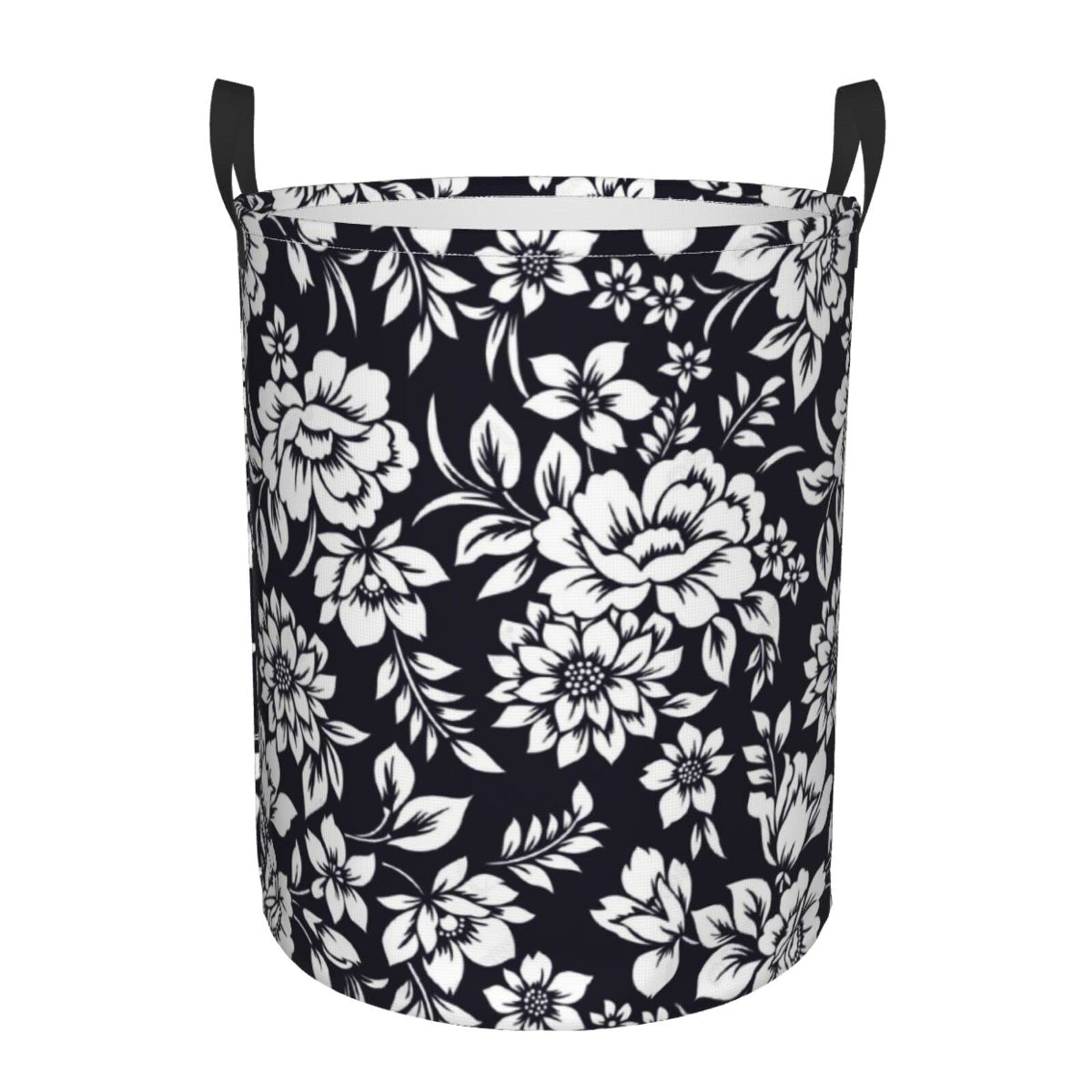 YINSING Collapsible Laundry Basket with Handle - White Floral Design Waterproof Fabric Hamper for Clothes, Toys & Bathroom Storage - Medium Size for Home, Dorm & Travel Use