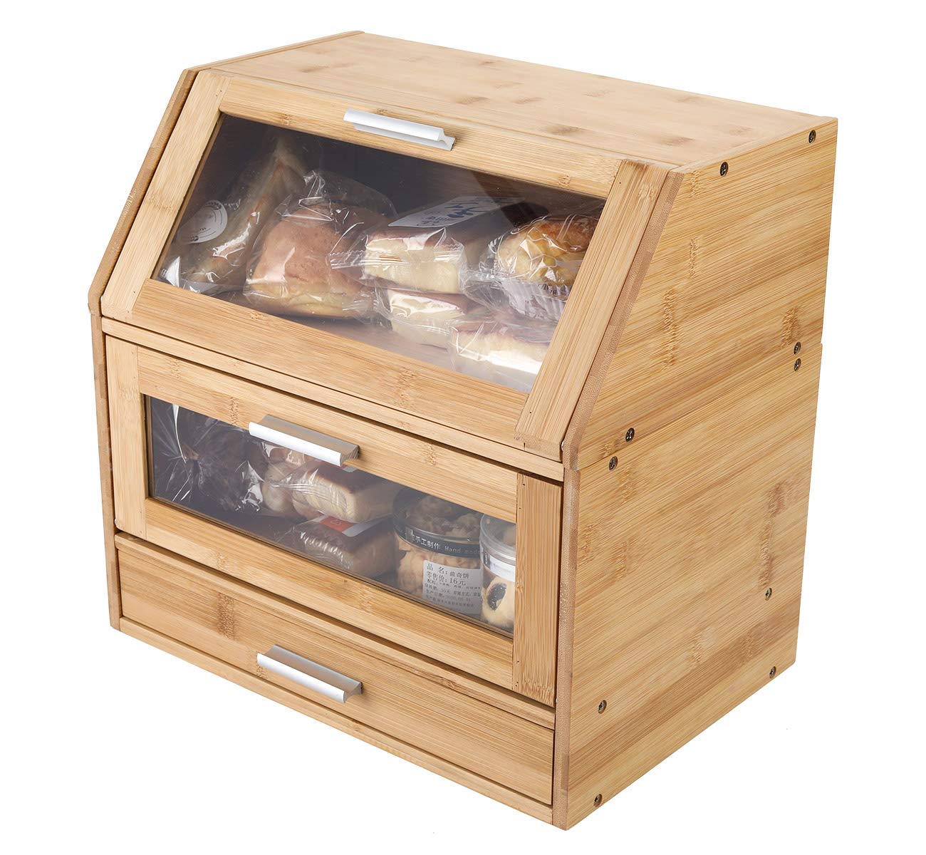TQVAI 3-Tier Bamboo Bread Box with Clear Window & Cutlery Tray - 2-Tier Separable Can Rack Organizer for Kitchen Counter Storage | Perfect for Pantry Organization, Bread Storage & Utensil Management