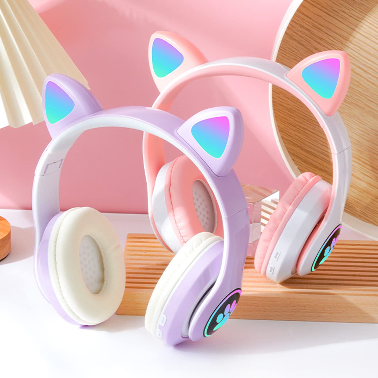 Kids Bluetooth Noise Cancelling Headphones with LED Light-Up Cat Ears, Foldable Wireless Headset with Microphone & TF Card Support - Perfect for iPad, Travel, School & Gaming