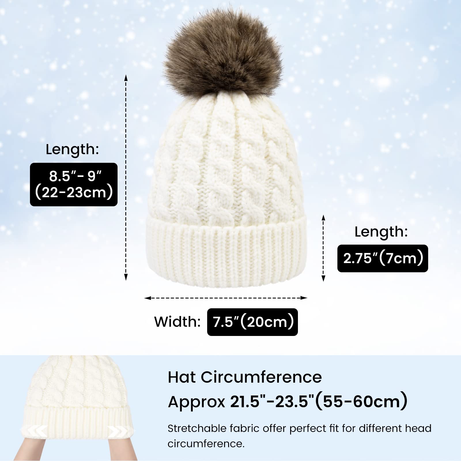 Women's Winter Beanie Hats - Hand Knit Faux Fur Pom Pom Hats for Women - Soft Warm Knitted Caps for Cold Weather, Outdoor Activities & Fashion Accessories