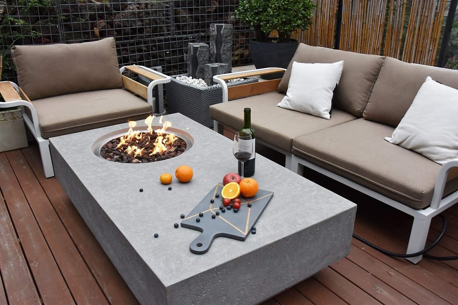 Elementi Metropolis Table Cast Concrete Natural Gas Fire Table - Outdoor Fire Pit for Patio, Deck & Backyard with Canvas Cover & Lava Rocks (Includes Free AMS Fireplace Wind Guard) | Perfect for Outdoor Entertaining, Camping & Relaxation