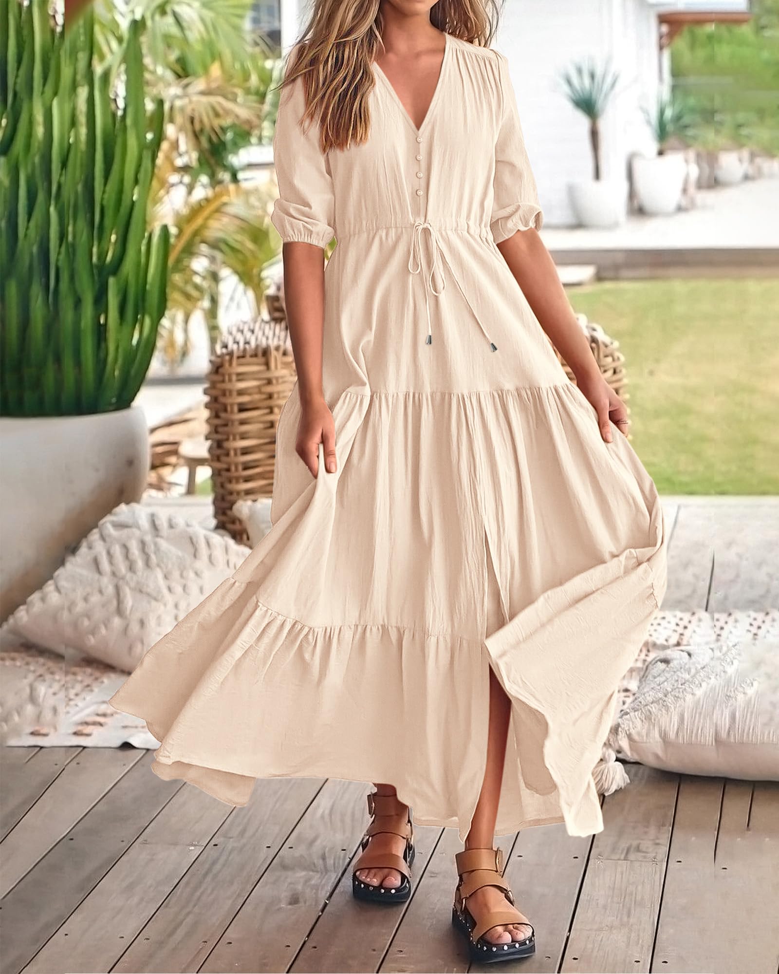BTFBM Women's Summer Maxi Dress - Short Sleeve V-Neck Button Down Boho Long Dress with Drawstring Waist | Casual Beach Wear, Vacation Outfit, Party Dress