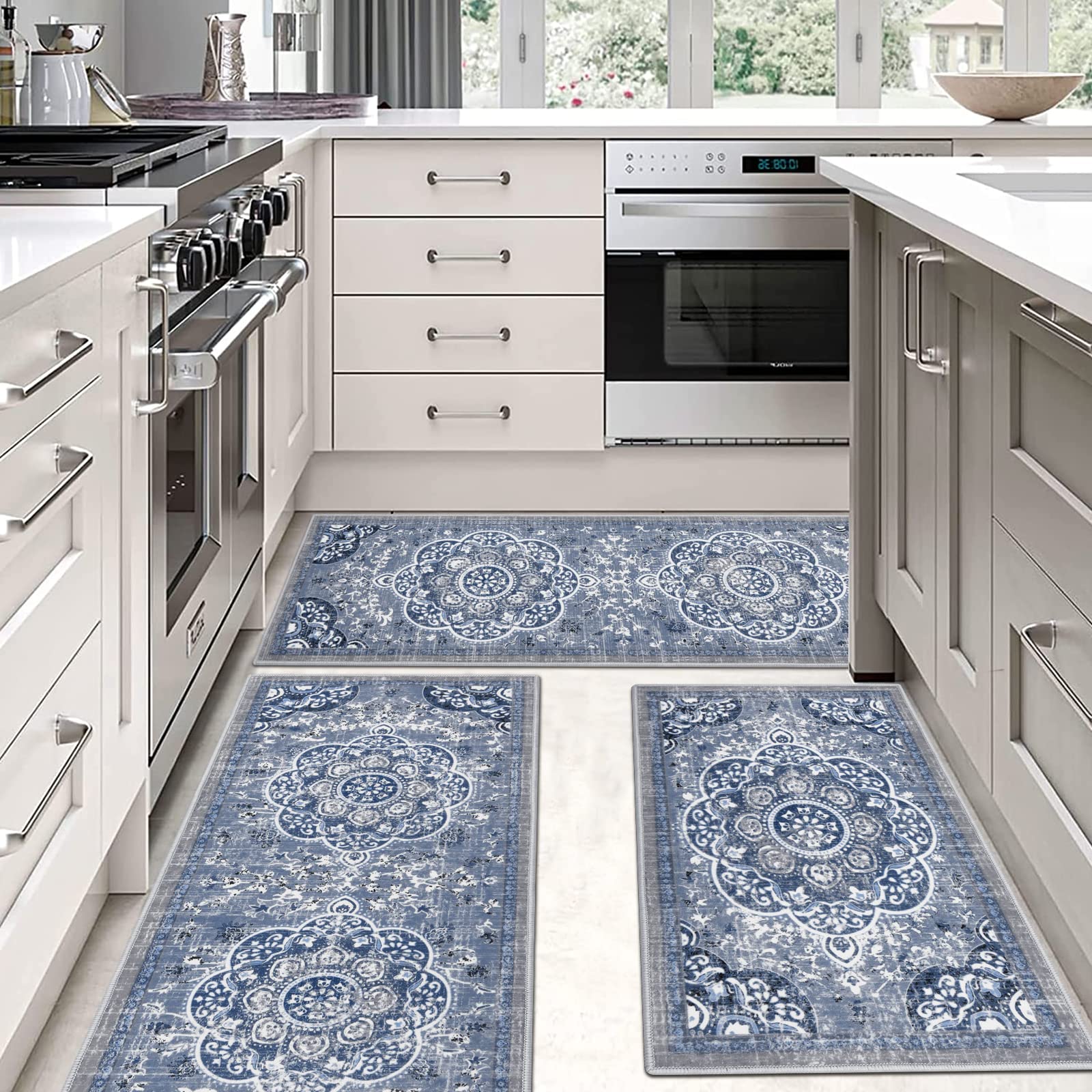 Boho Kitchen Rugs Set of 3 - Non-Slip Washable Floral Farmhouse Floor Mats with Runner for Kitchen, Office, Laundry & Sink Area - Blue | Perfect for Farmhouse Decor & High-Traffic Areas