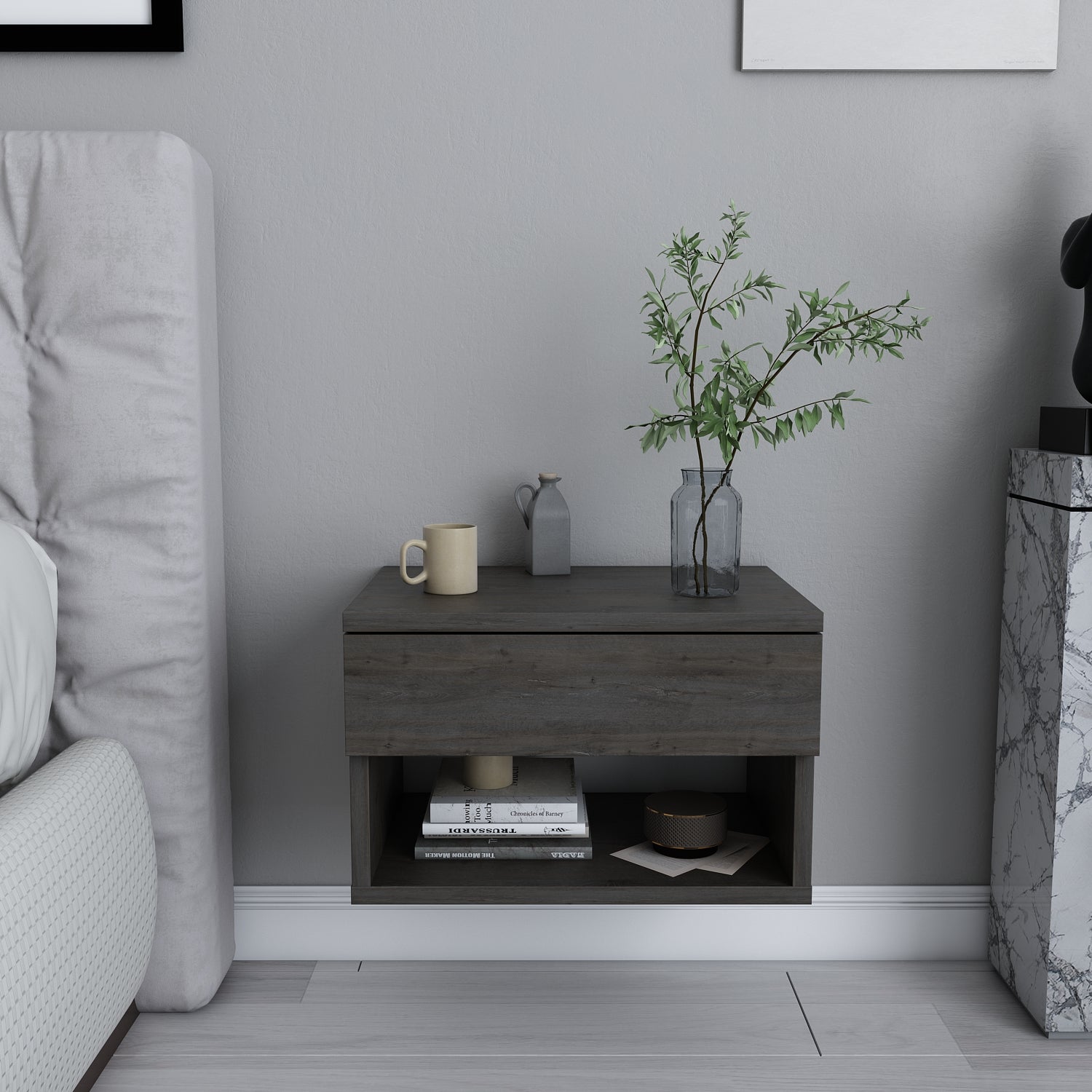 Floating Nightstand with USB Port - Modern Bedside Table for Small Spaces, Bedroom, RV & Apartment - Easy Install Wall Mount Shelf for Storage & Decor