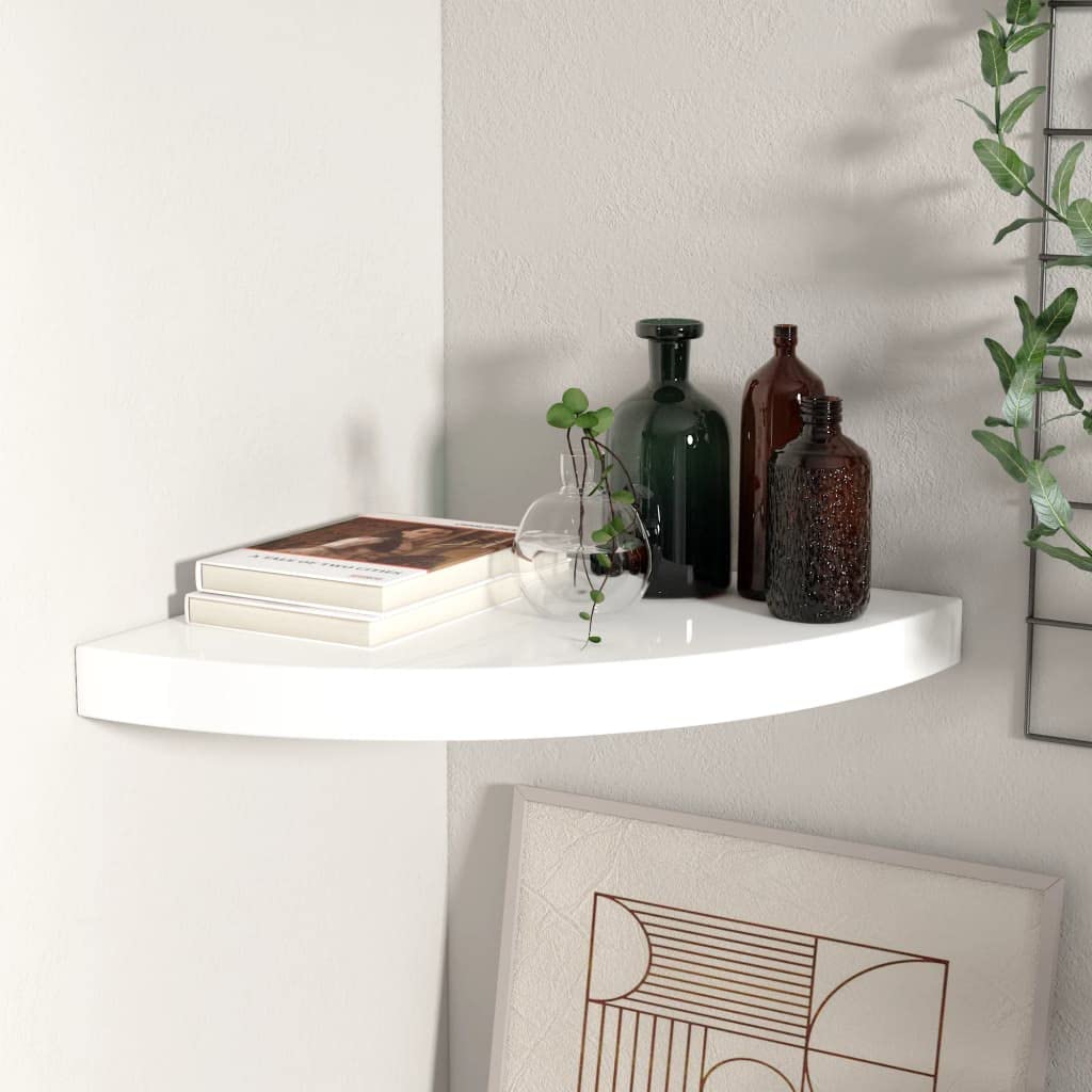 vidaXL Floating Corner Shelf - Modern Wall Mounted Display Shelf for Books, DVDs, CDs & Photo Frames - High Gloss White MDF - Perfect for Living Room, Bedroom & Office Decor