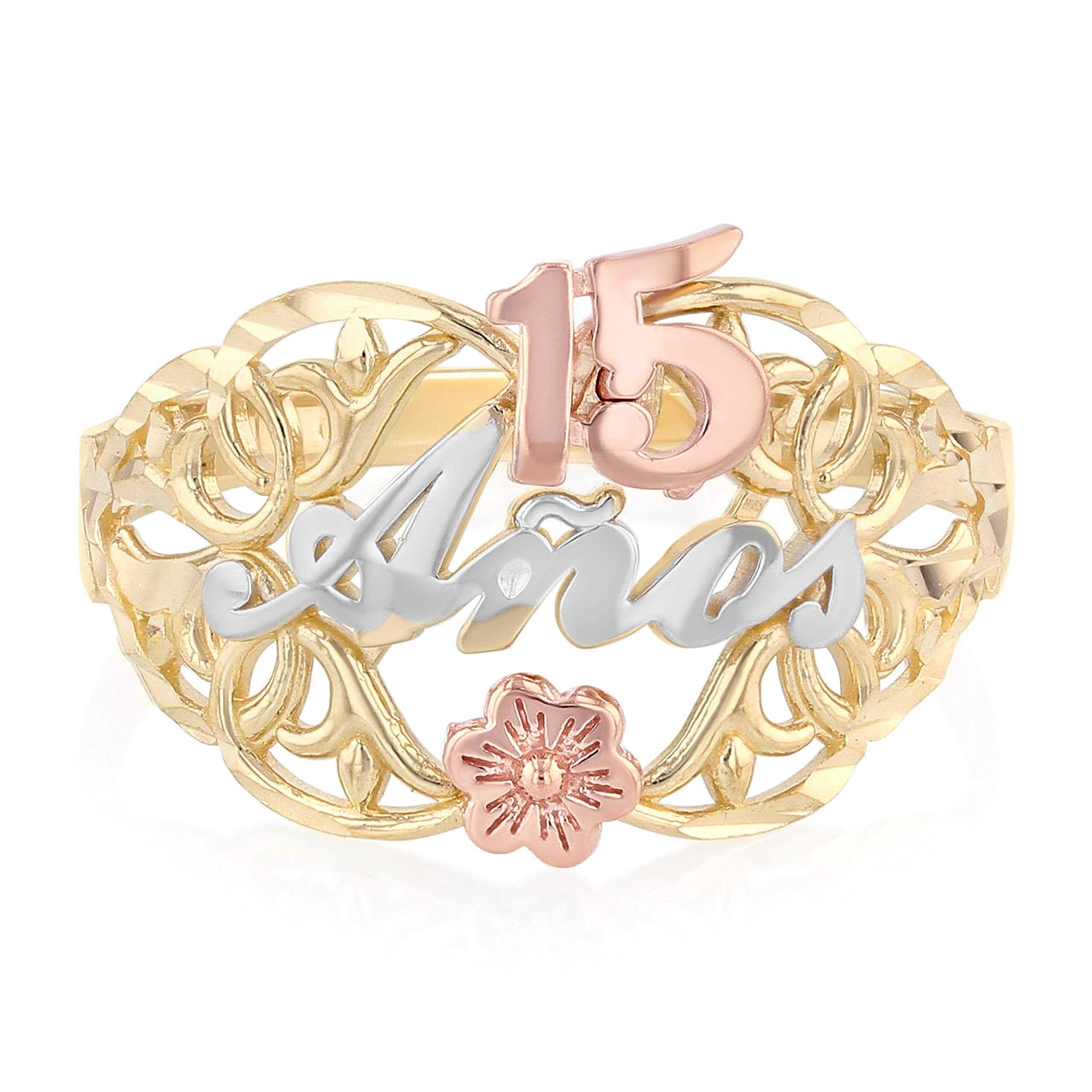 14K Solid Tri-Color Gold Sweet 15 Anos Flower Ring - Elegant Quinceanera Birthday Gift for Girls, Perfect for 15th Birthday Celebrations, Parties & Special Occasions